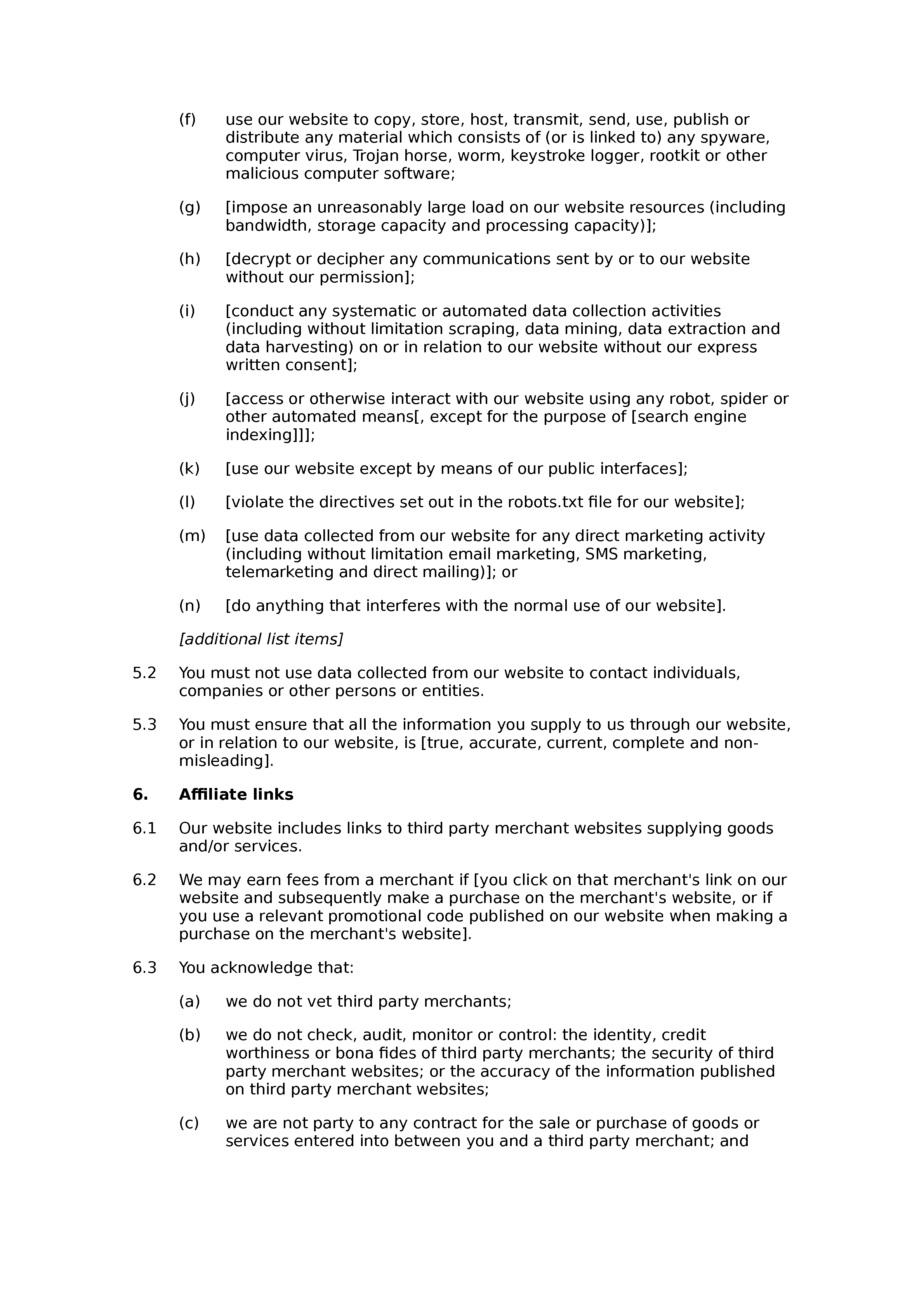 Social and affiliate website terms and conditions document preview