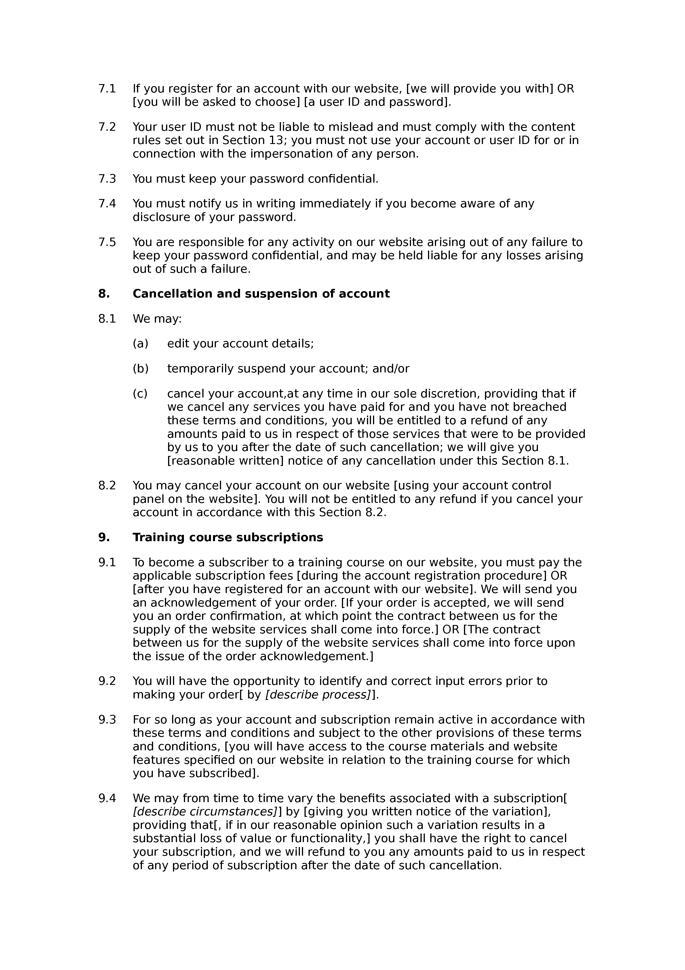 Training course website terms and conditions document preview