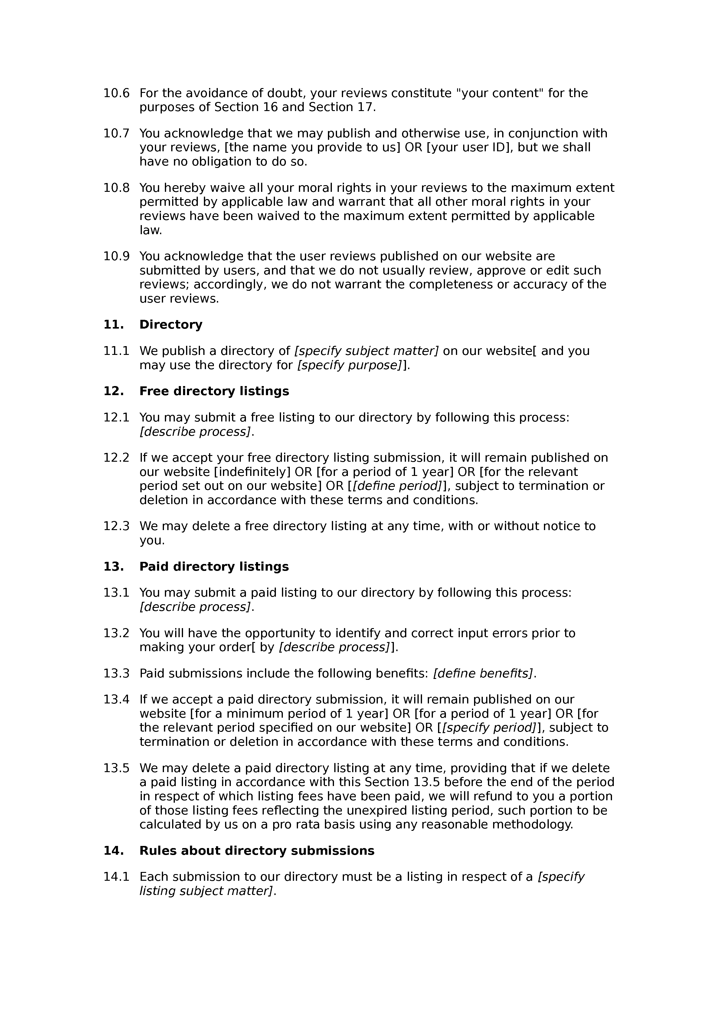 Directory and review website terms and conditions document preview