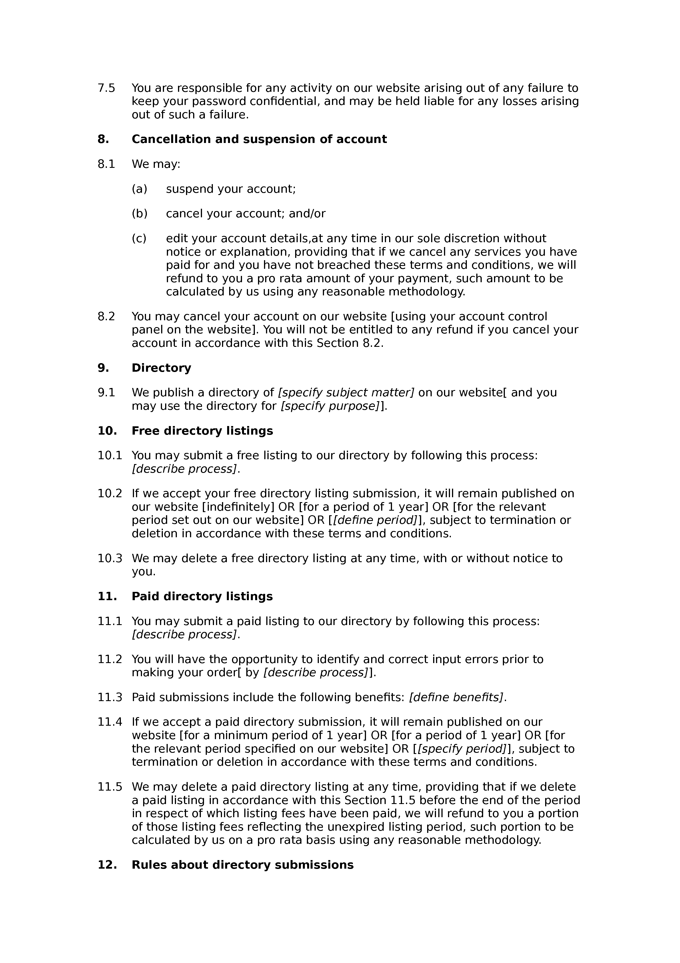 Directory website terms and conditions (free and paid) document preview