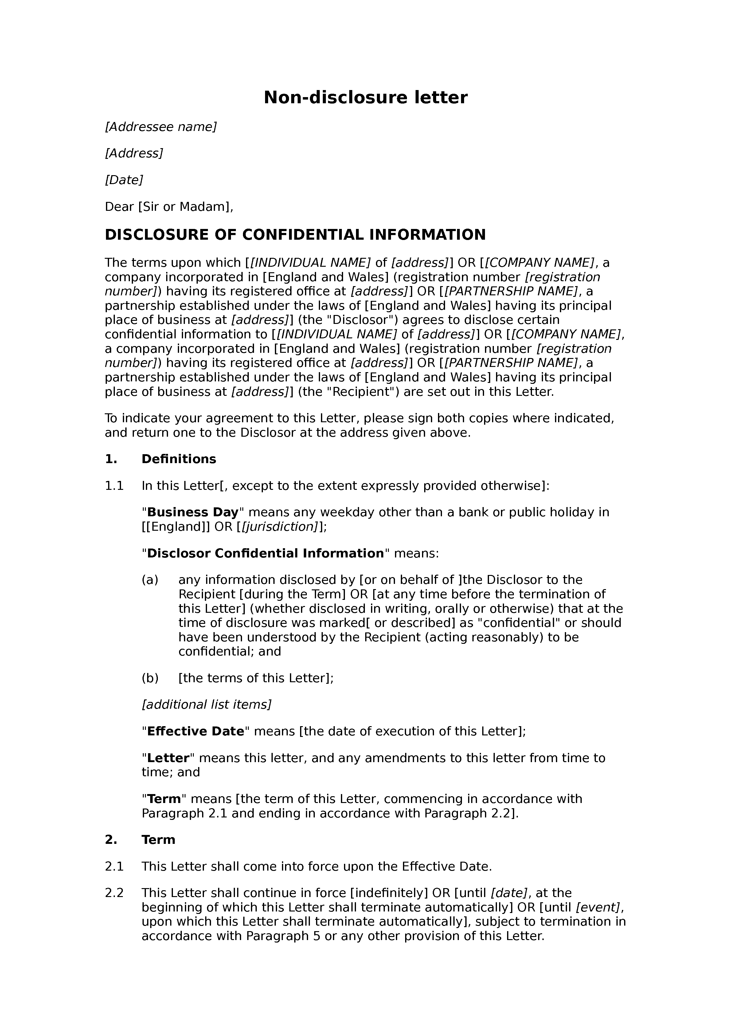 non uk agreement disclosure law letter standard)  Non  disclosure (unilateral, Docular