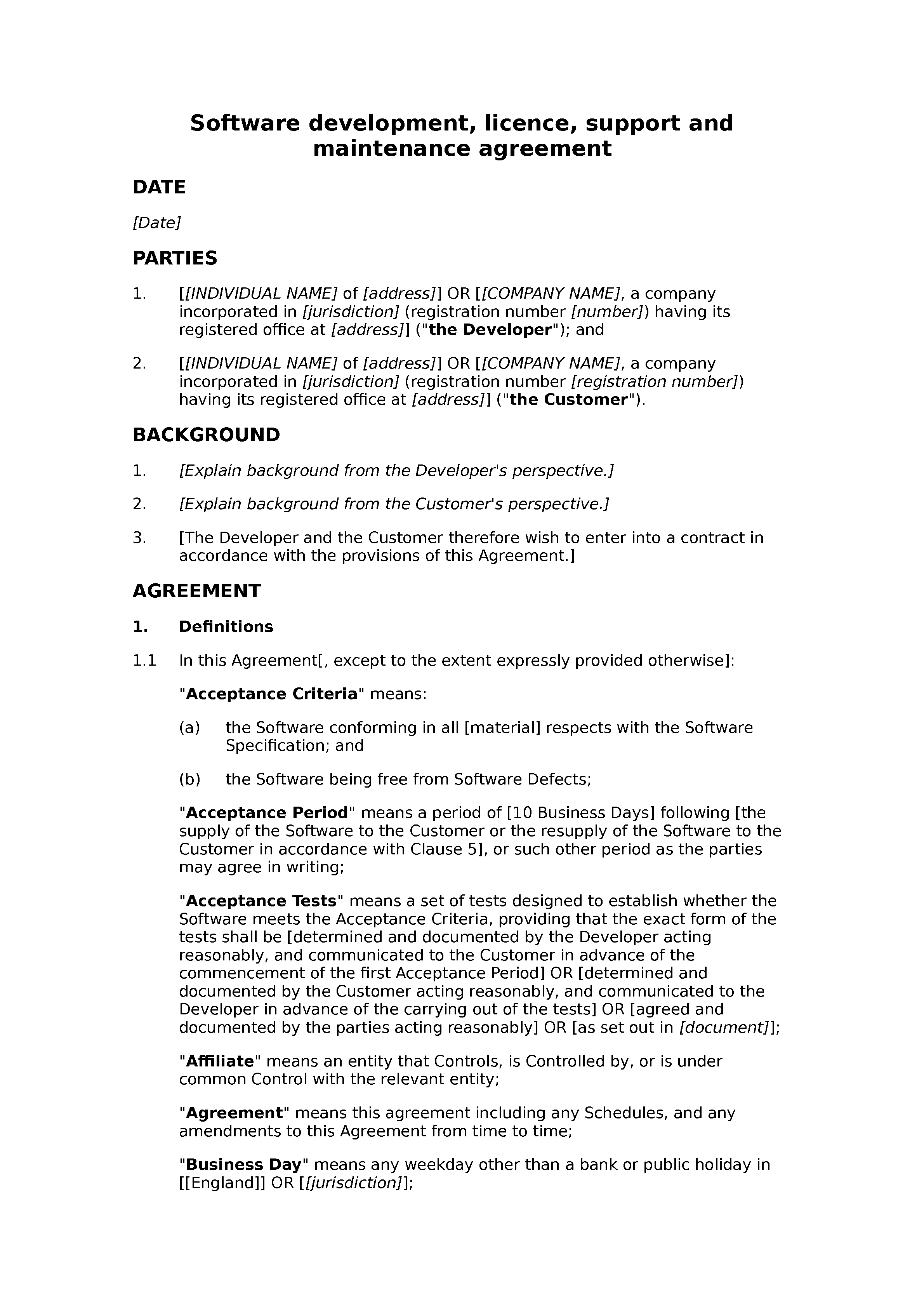 Software development, licence, support and maintenance agreement (standard) document preview