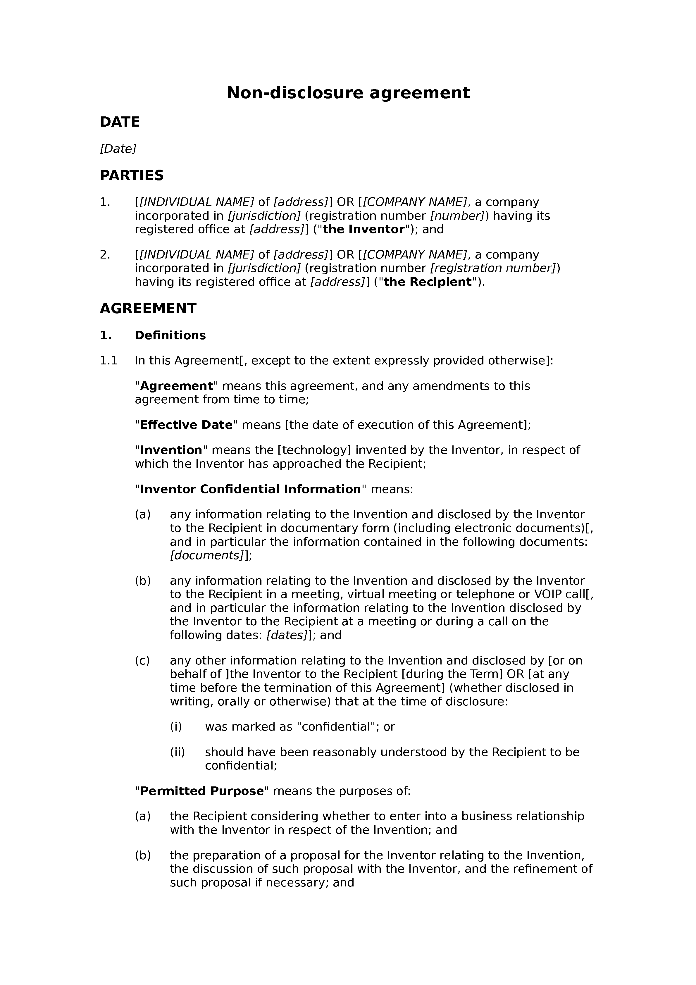 Non-disclosure agreement (invention) document preview