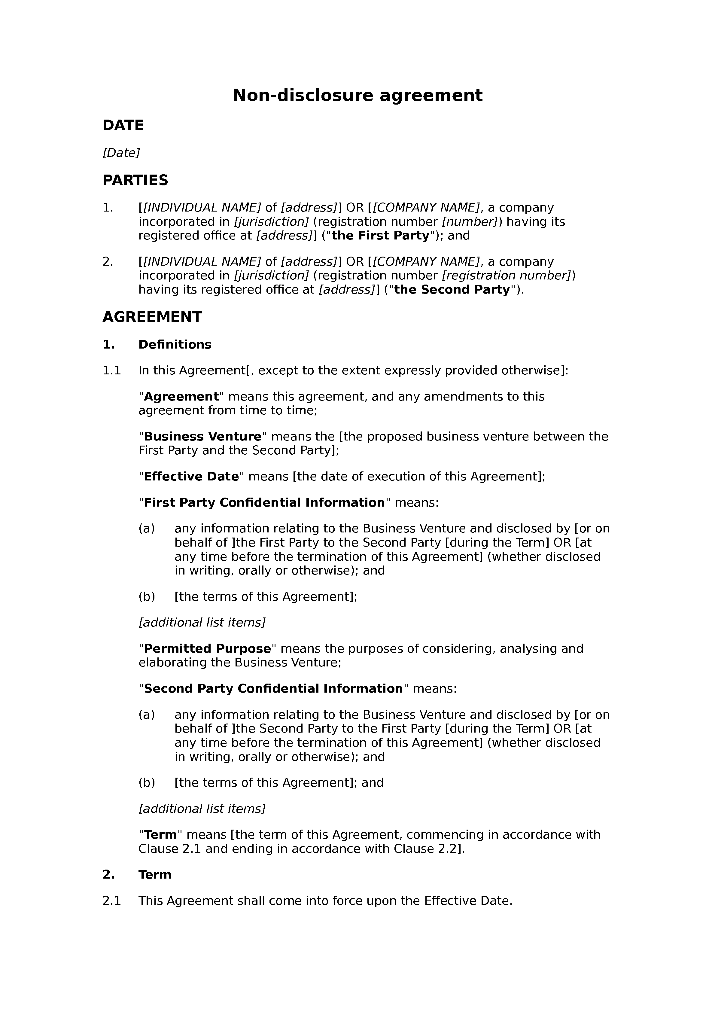 Non-disclosure agreement (business venture) document preview