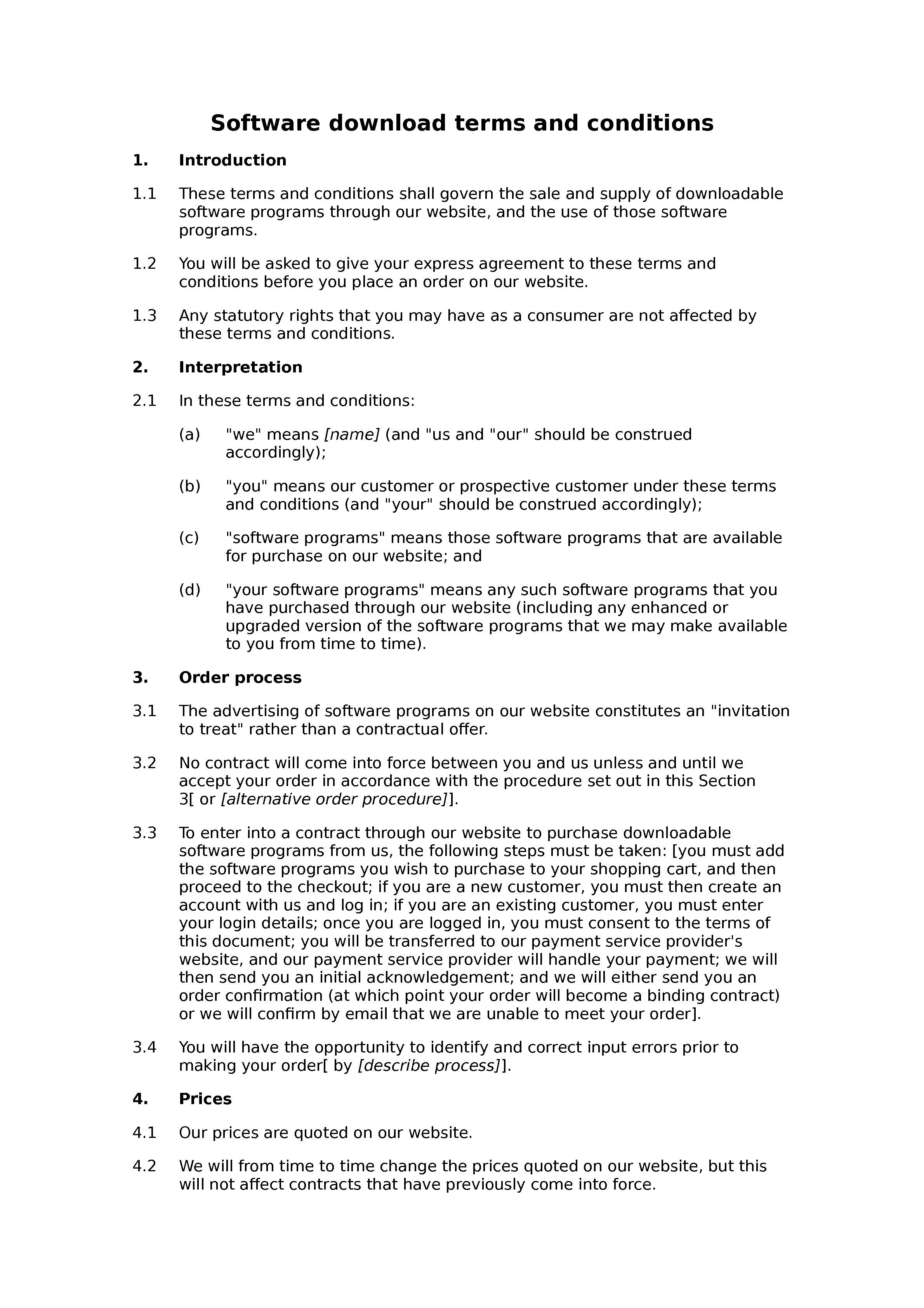 Software download terms and conditions document preview