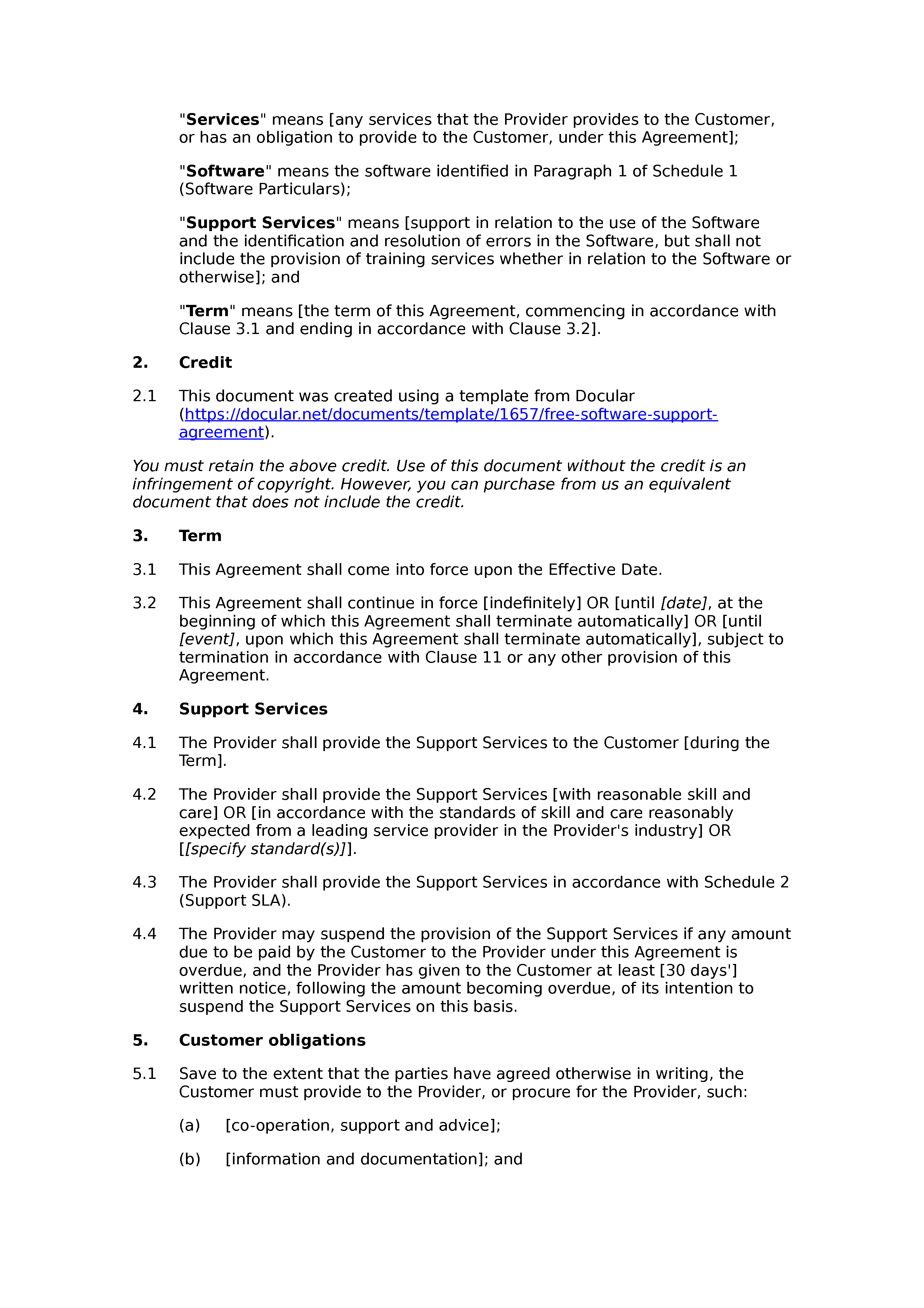 Free software support agreement document preview