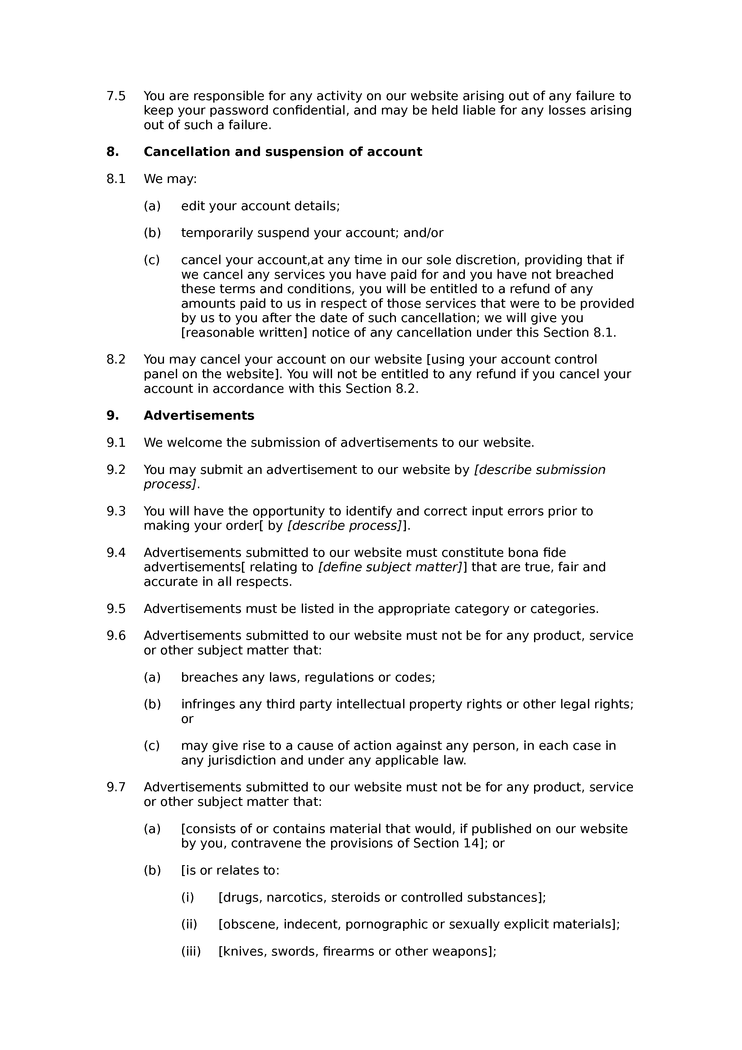 Classifieds website terms and conditions document preview