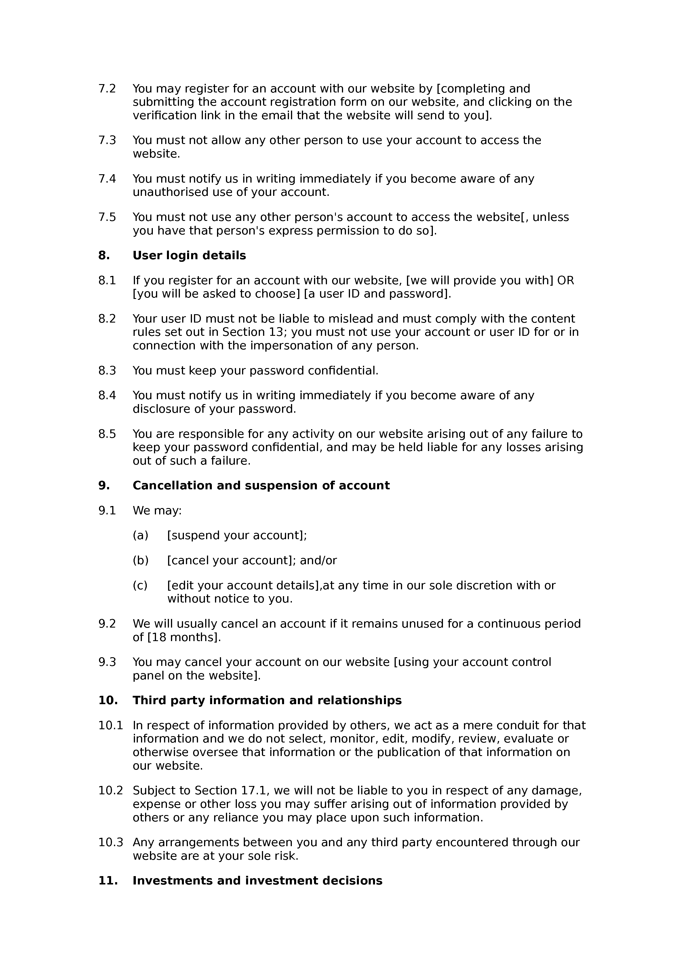 Financial website terms and conditions document preview