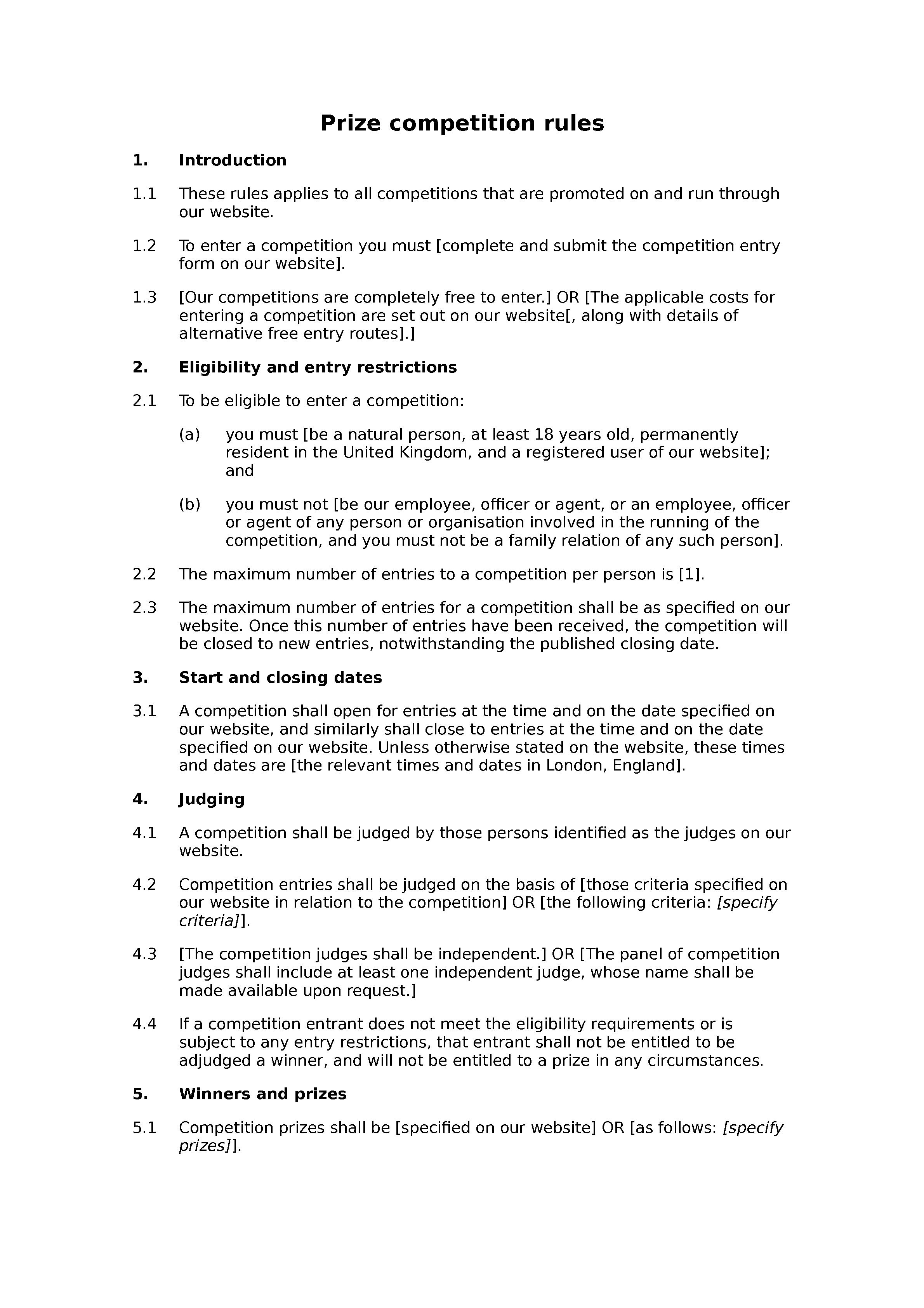 Prize competition rules document preview