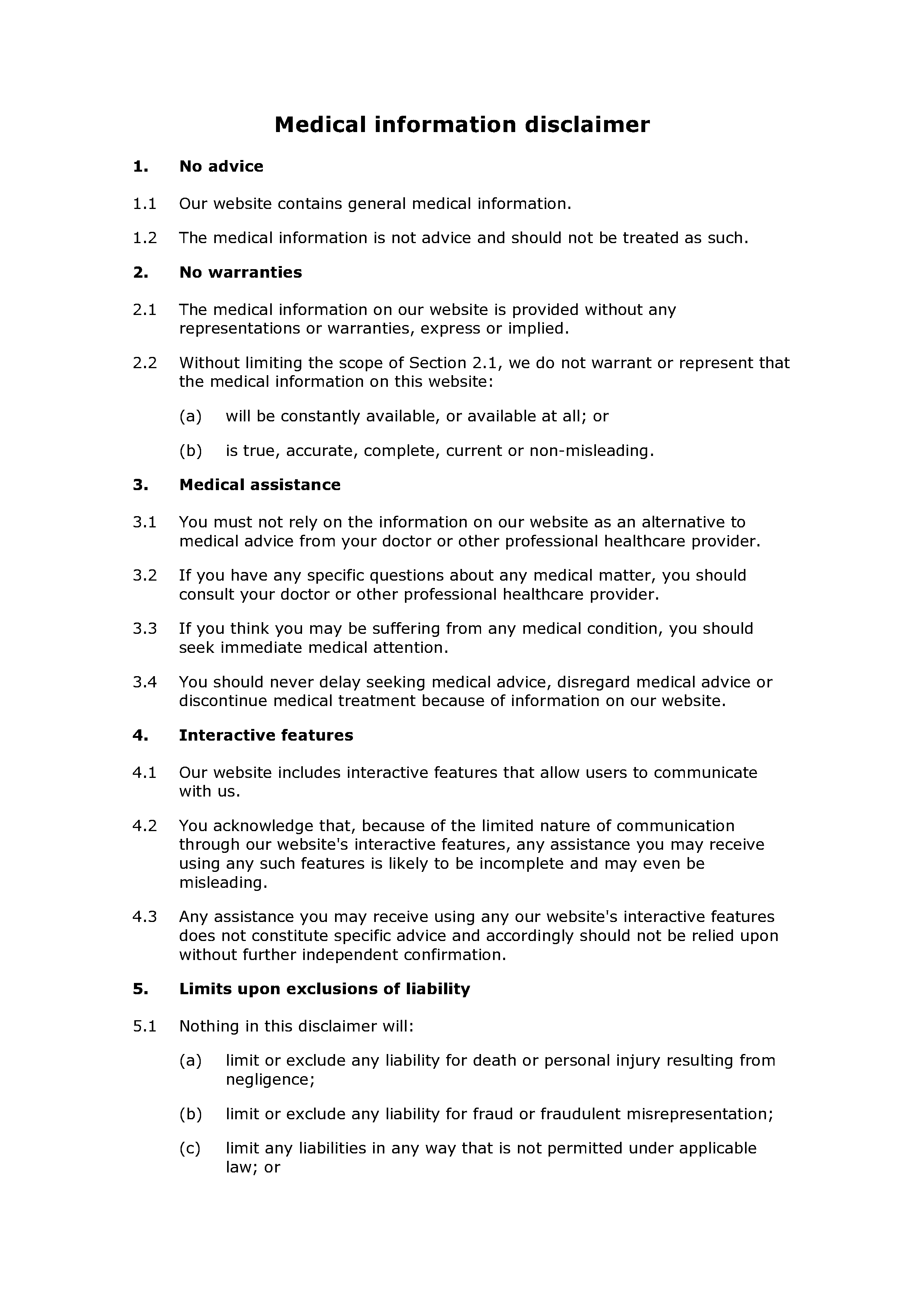 Medical information disclaimer document preview