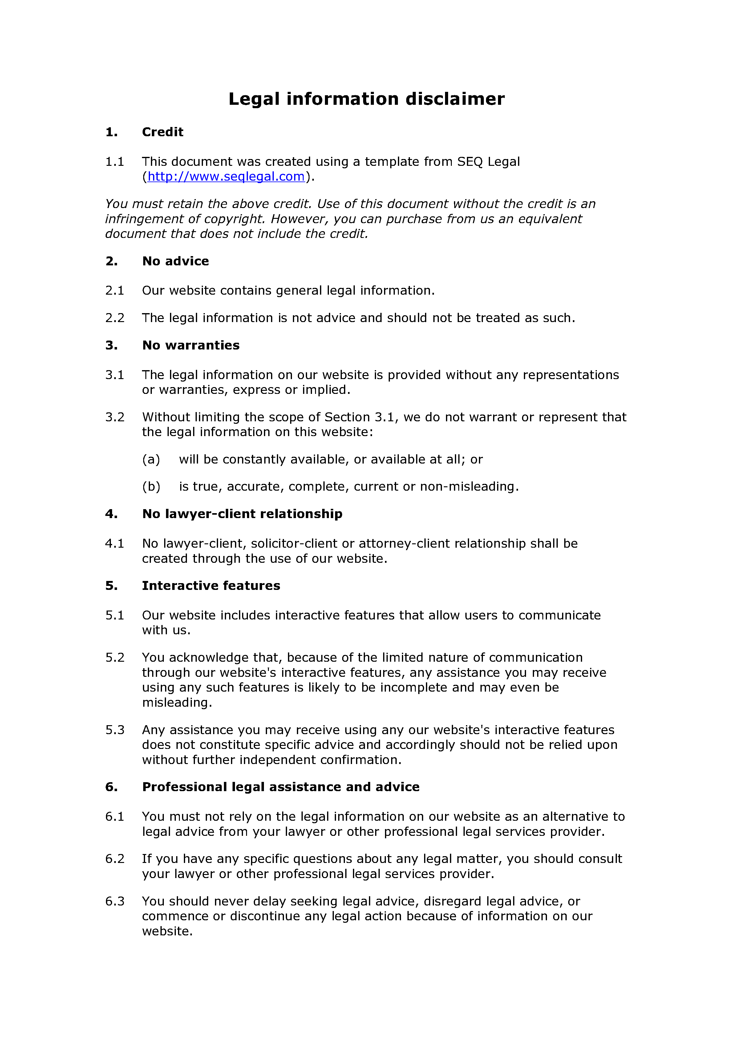 Free legal information disclaimer document preview