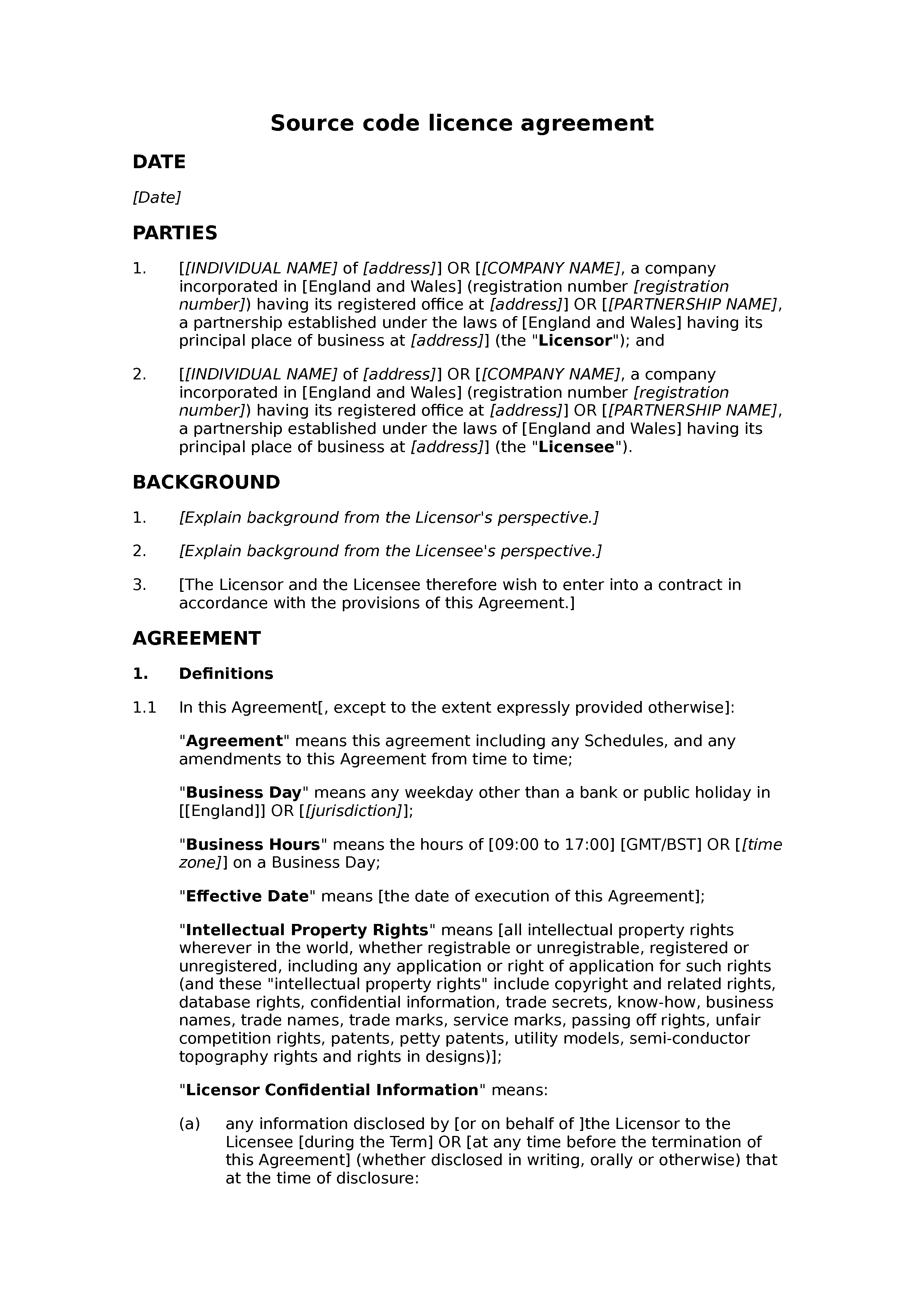 Source code licence agreement document preview