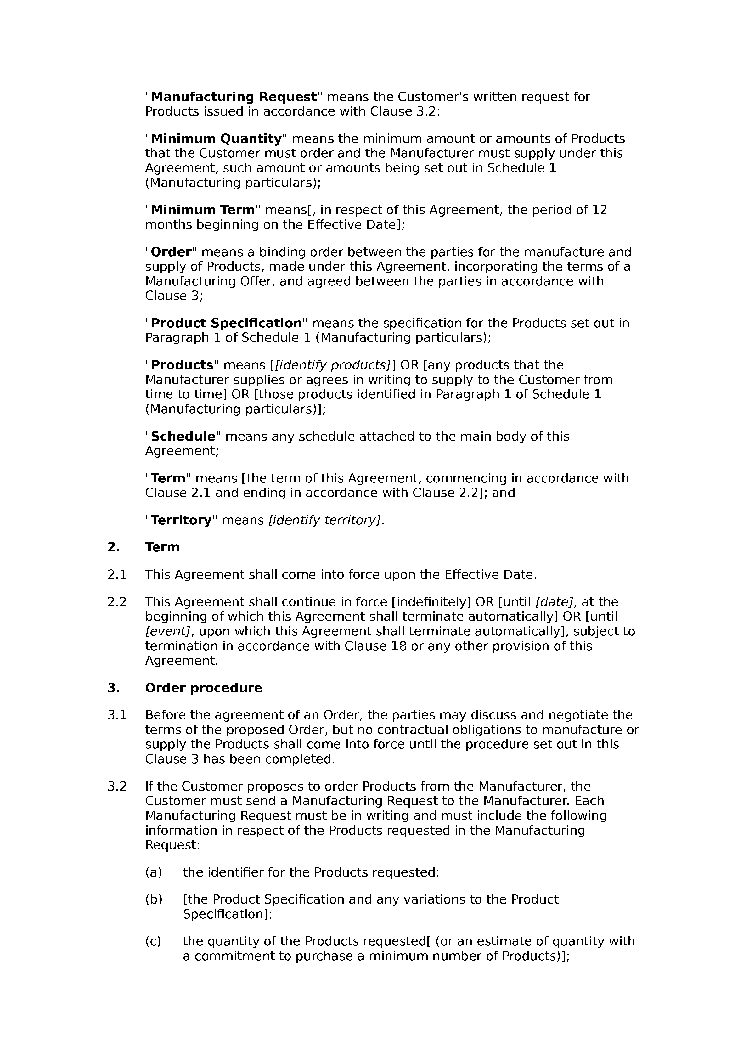 Manufacturing agreement (standard) document preview