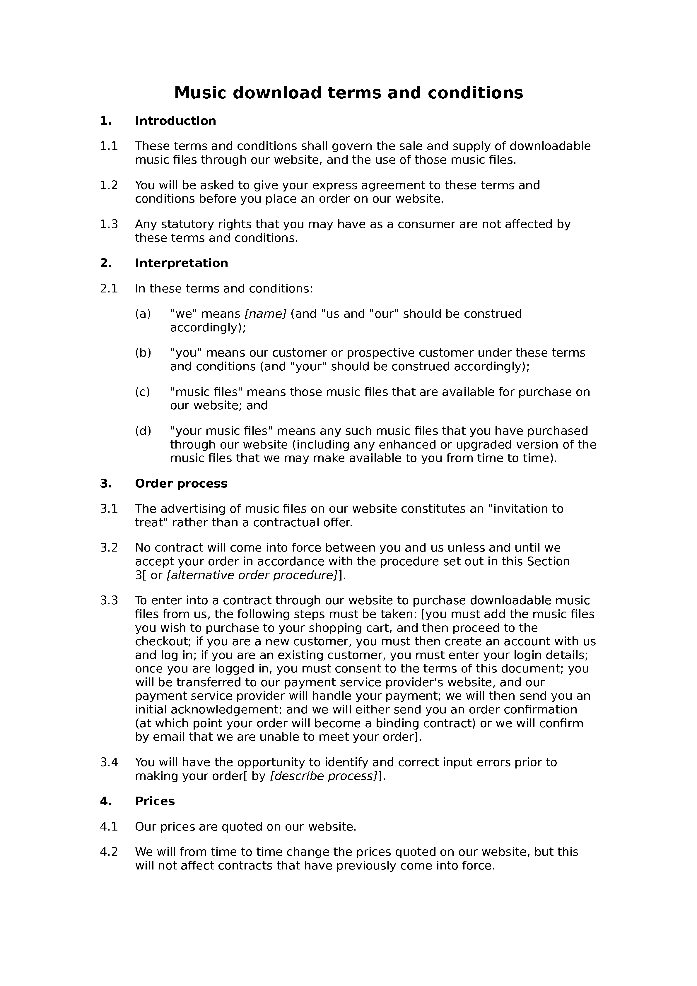 Music download terms and conditions document preview