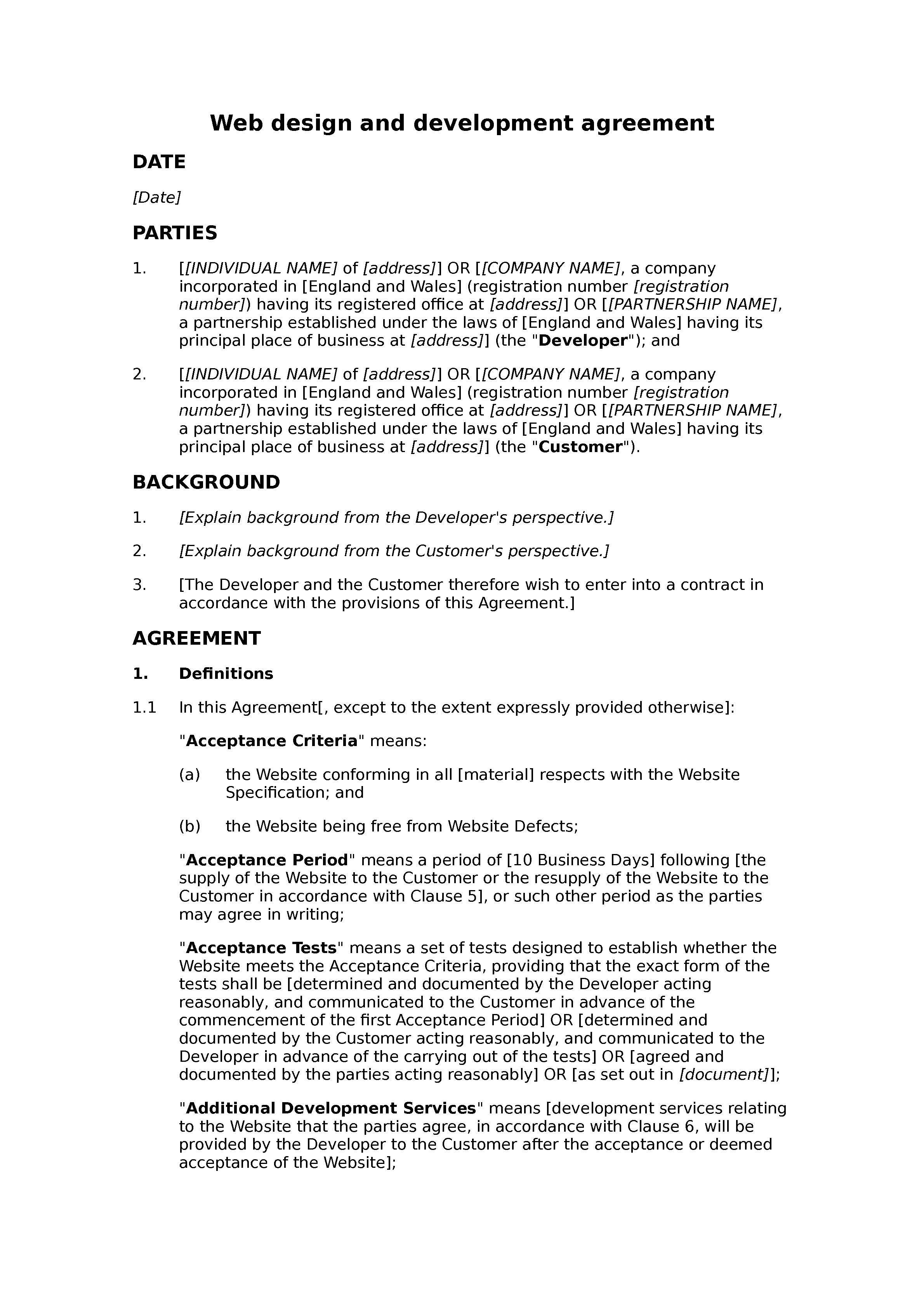 Web design and development agreement (premium) document preview