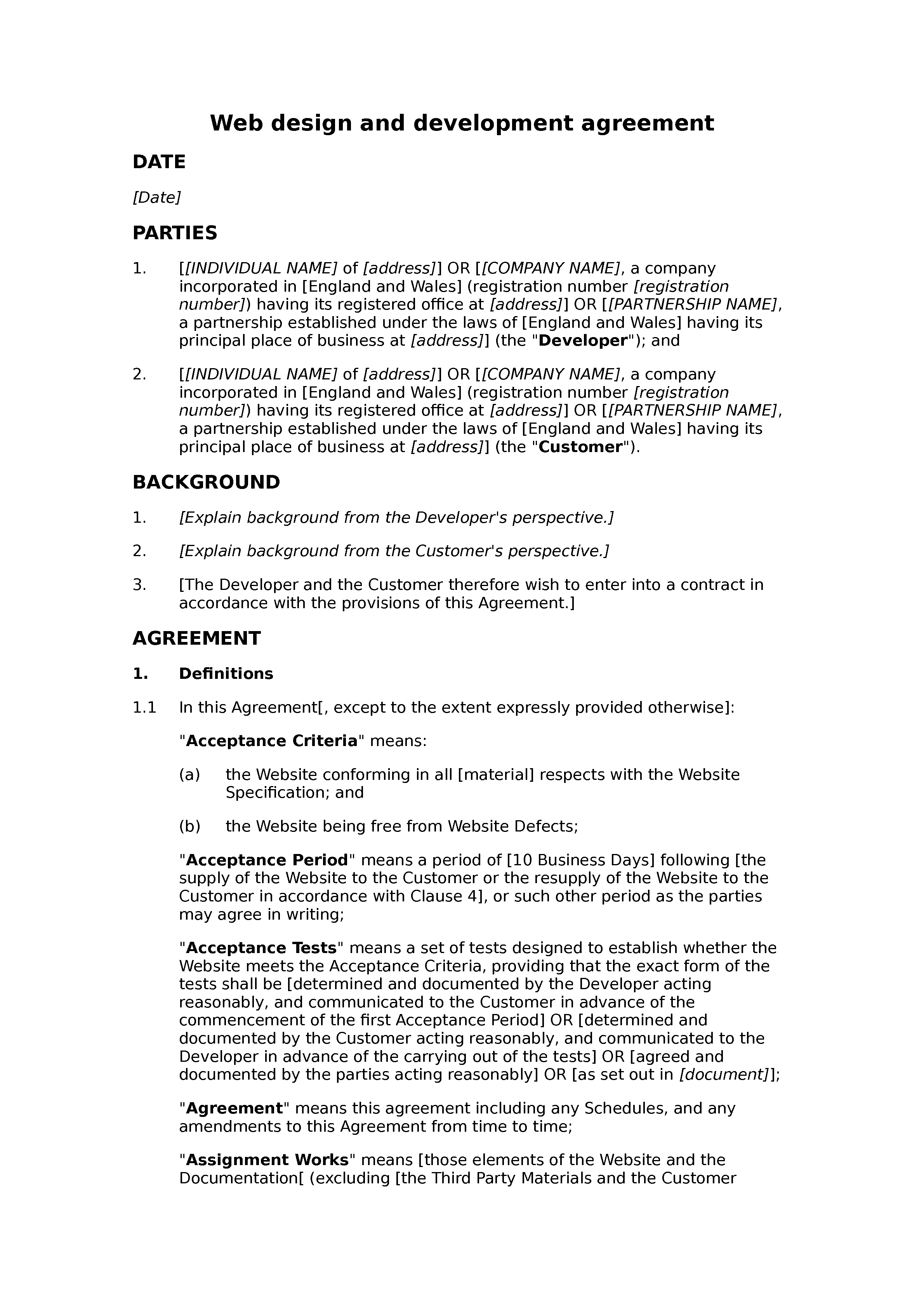 Web design and development agreement (standard) document preview