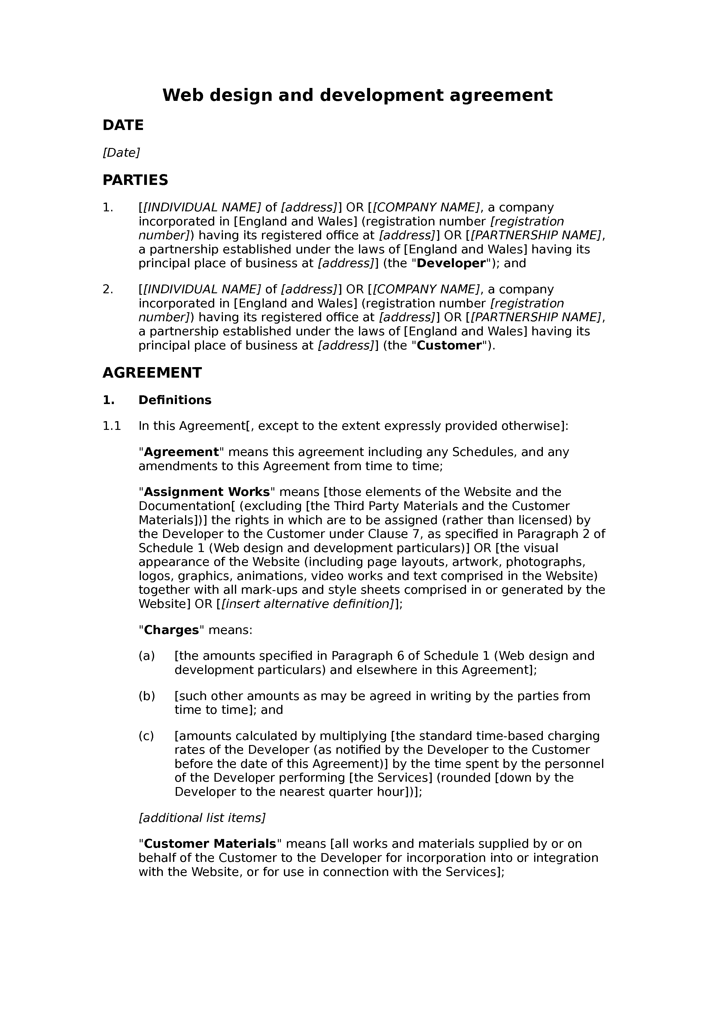 Free web design and development agreement document preview