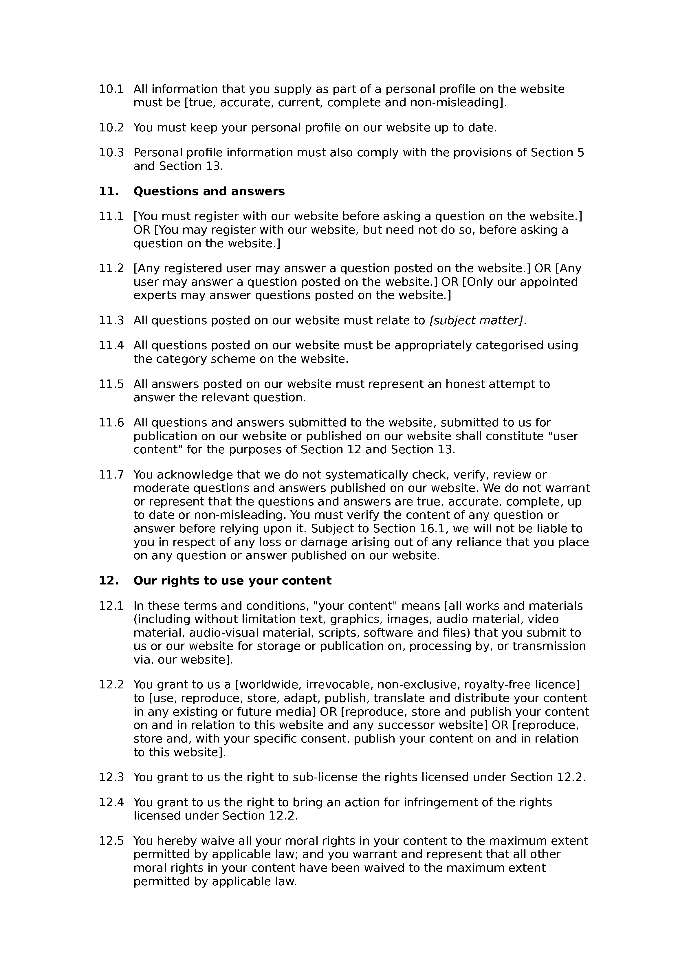 Social network and questions website terms and conditions document preview