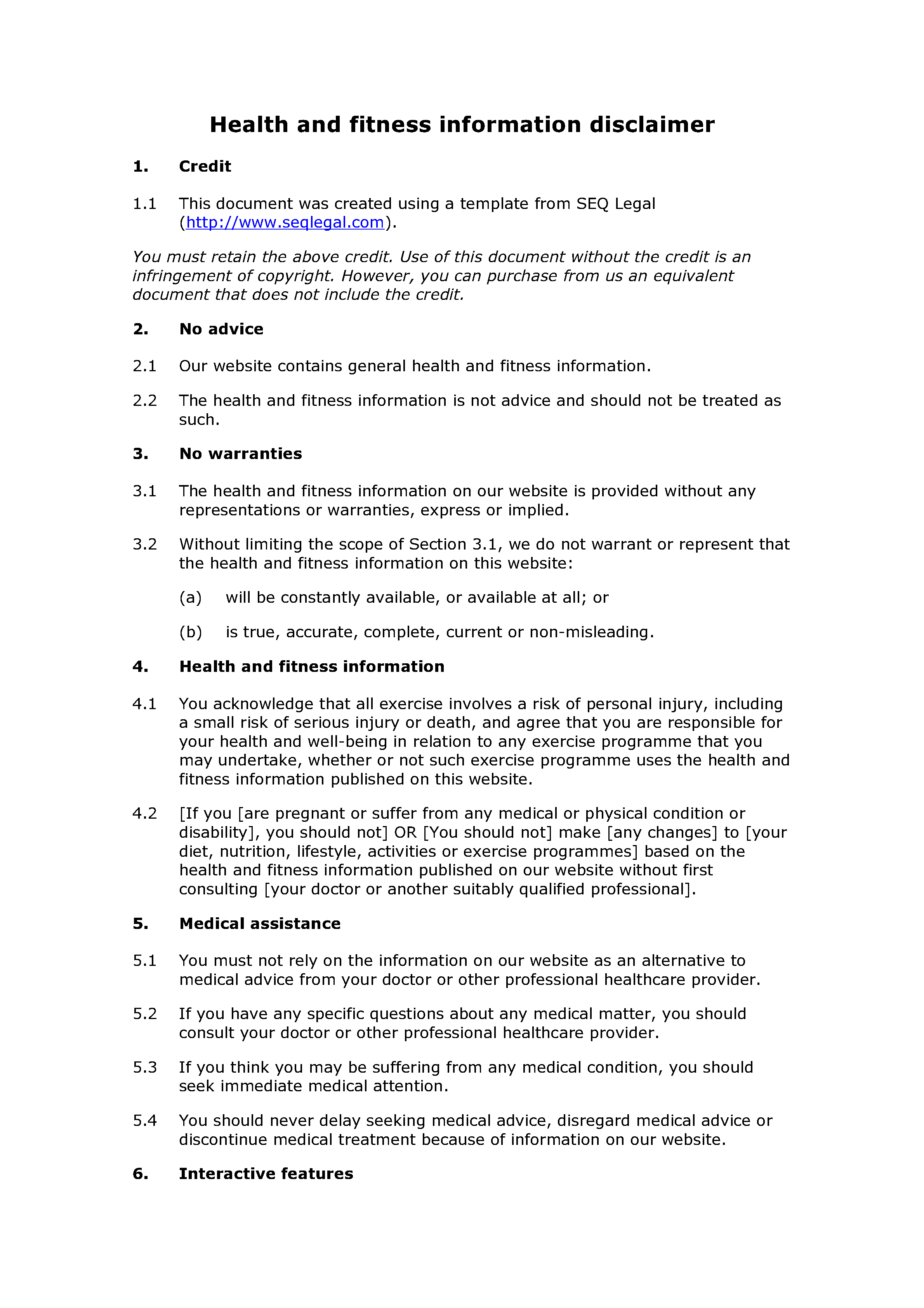 Free health and fitness information disclaimer document preview