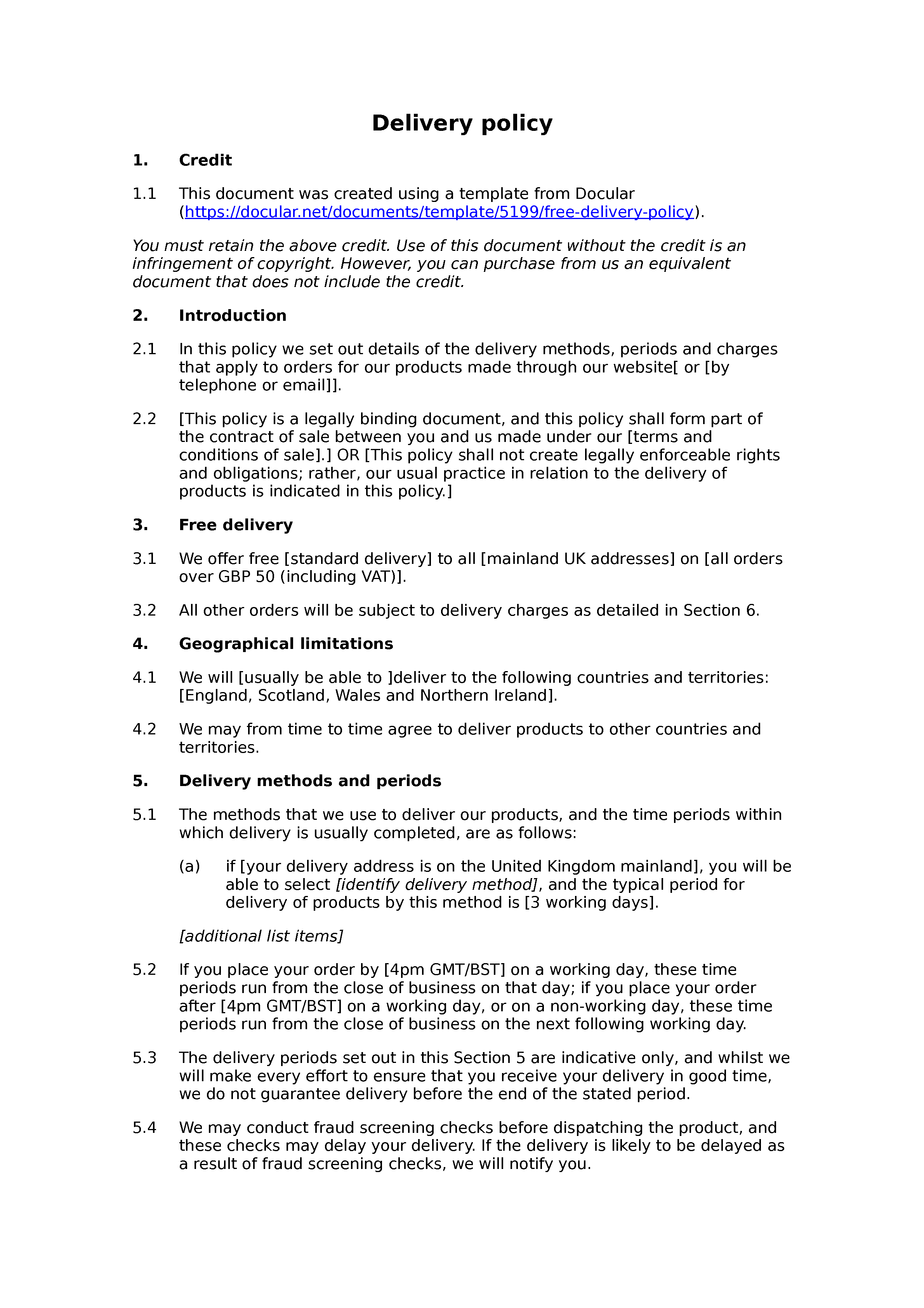 Shipping Terms And Conditions Template