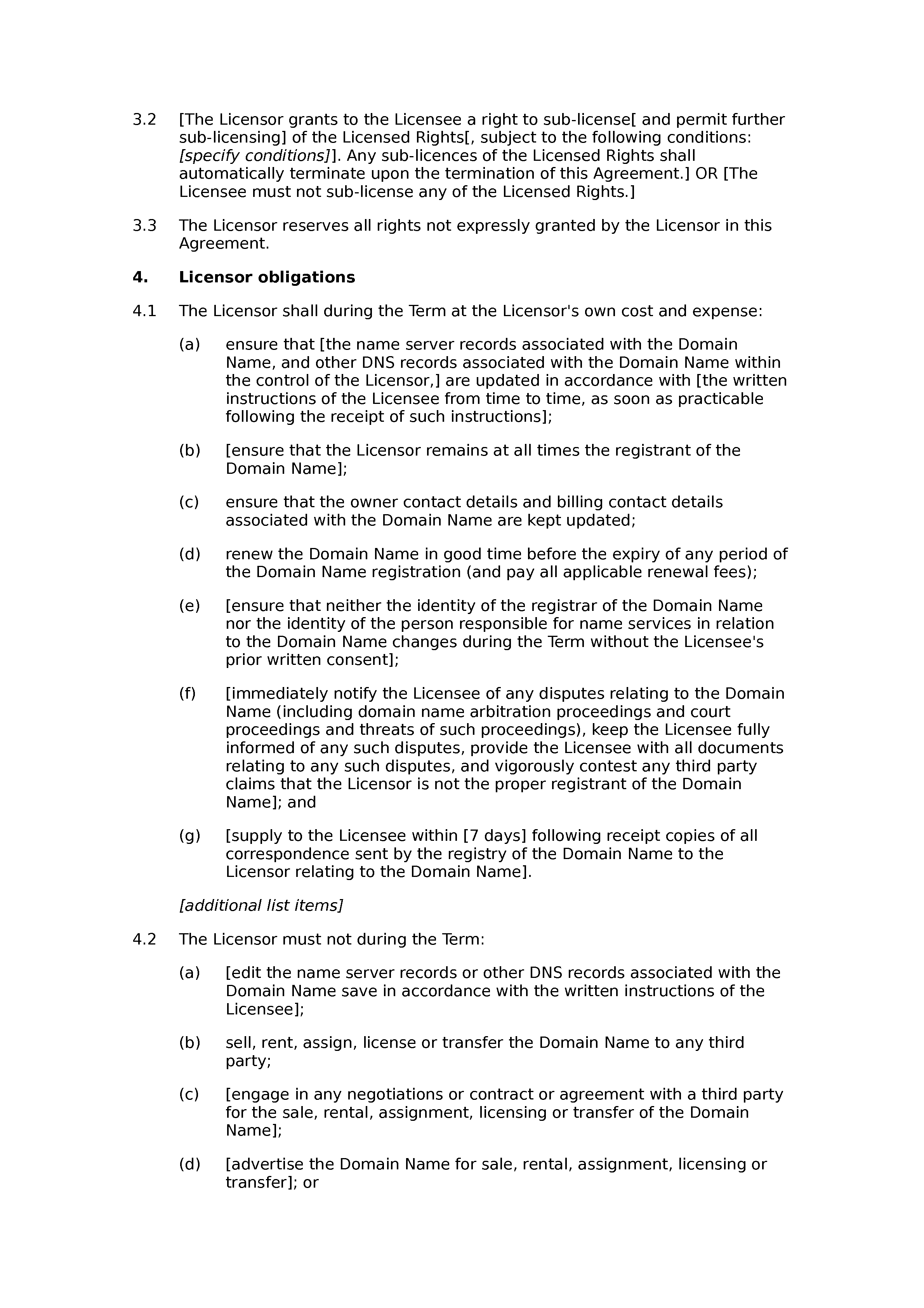 Domain name licence agreement document preview