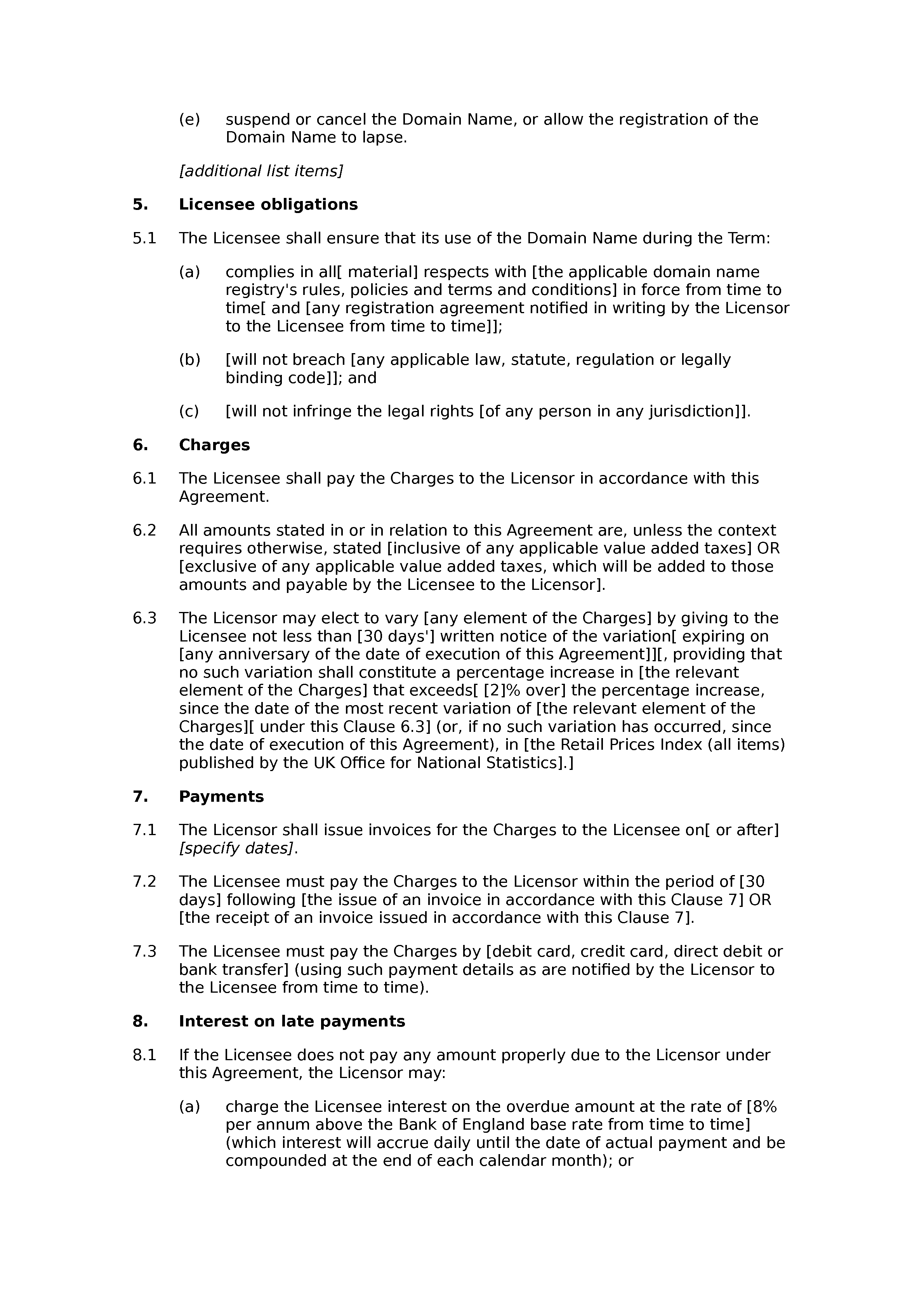 Domain name licence agreement document preview