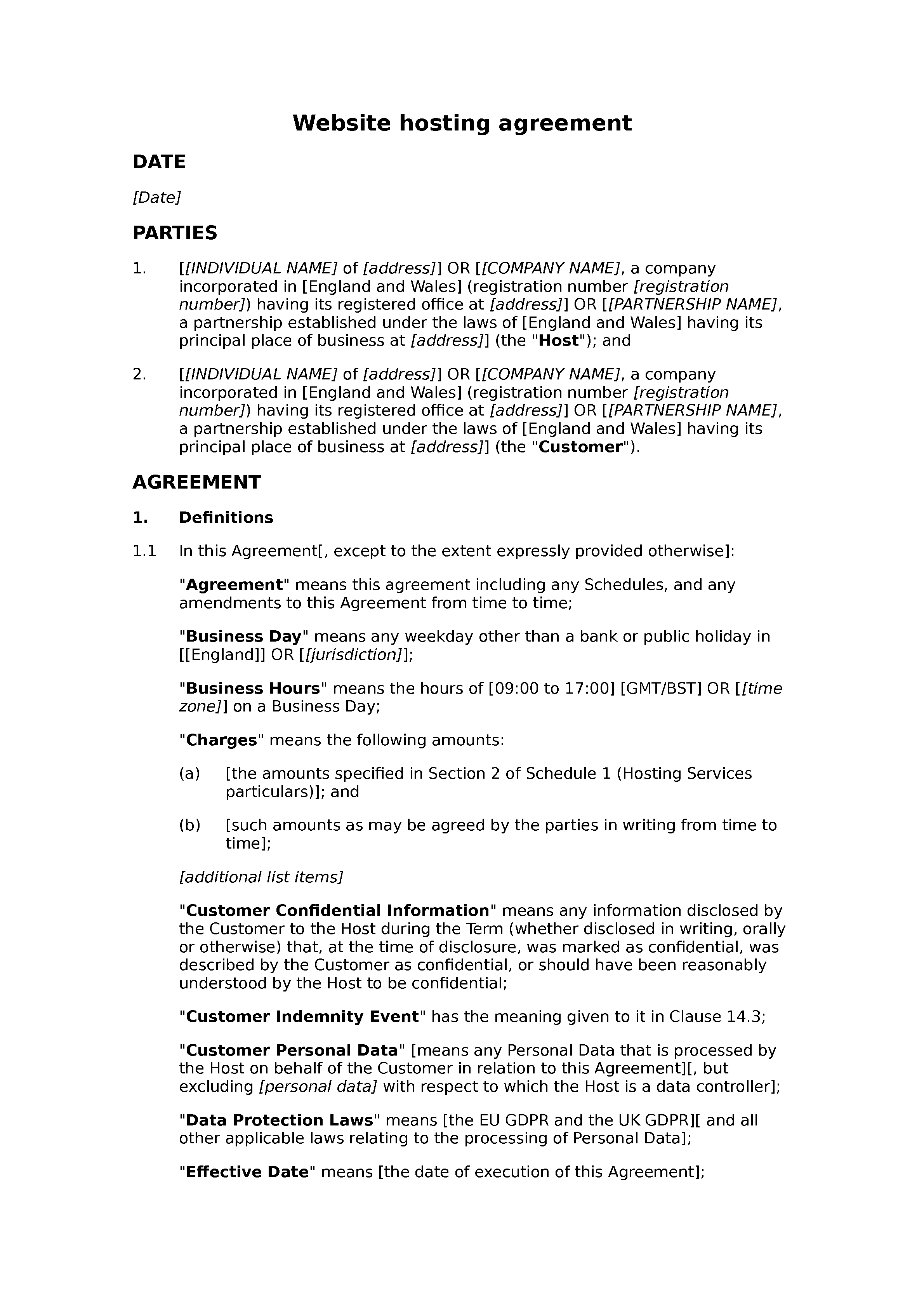 Website hosting agreement document preview