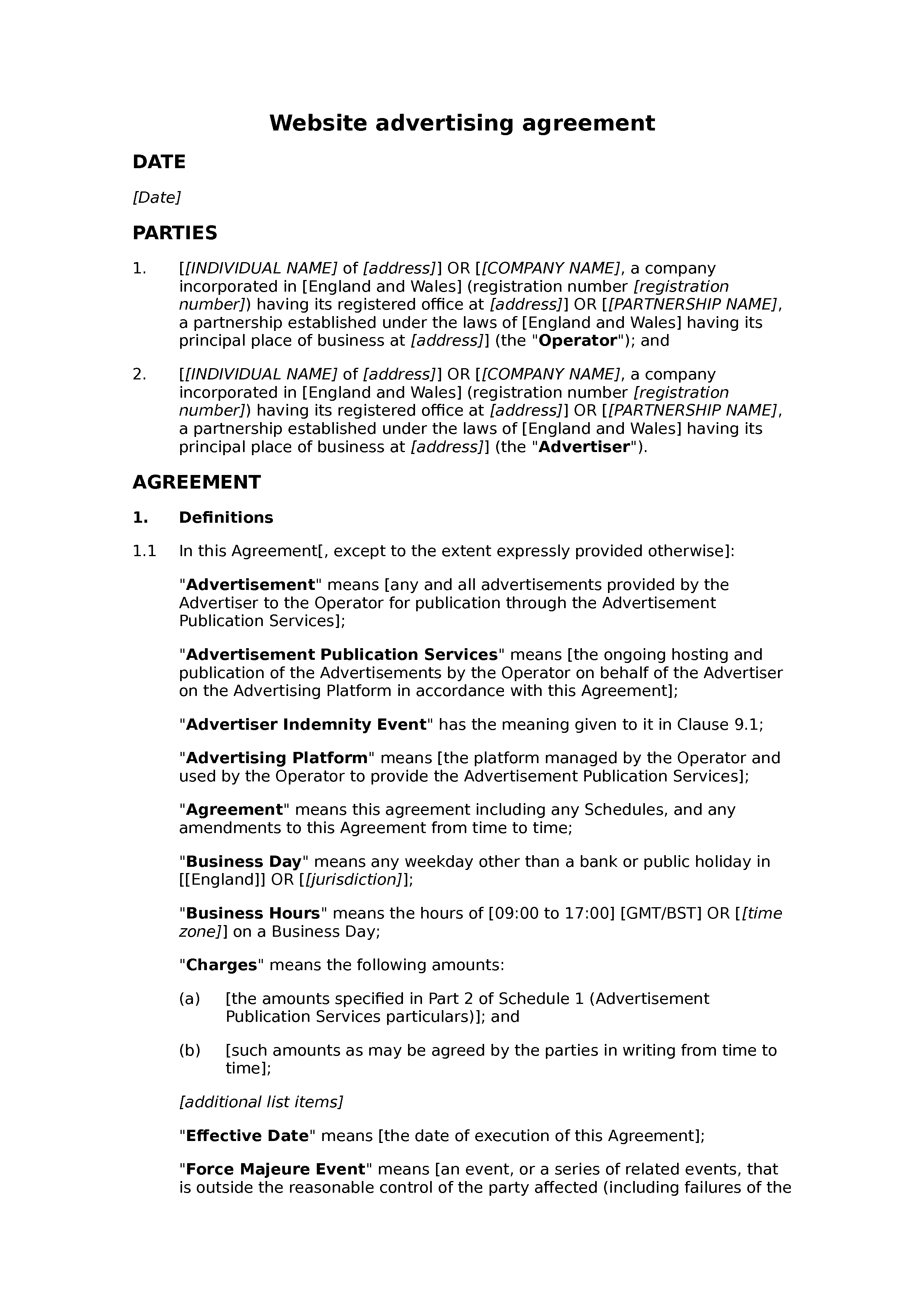 Website advertising agreement document preview