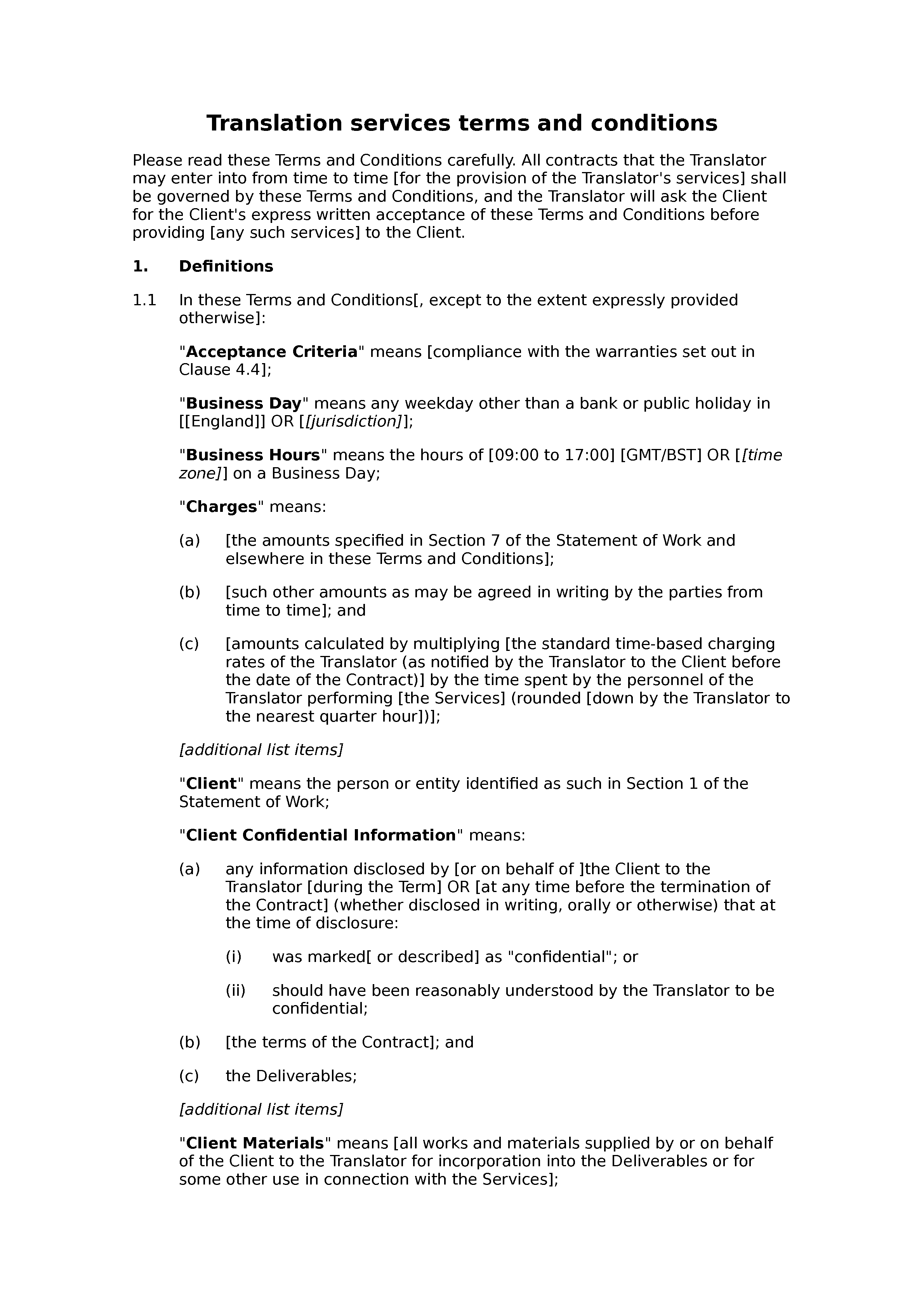 Translation services terms and conditions document preview