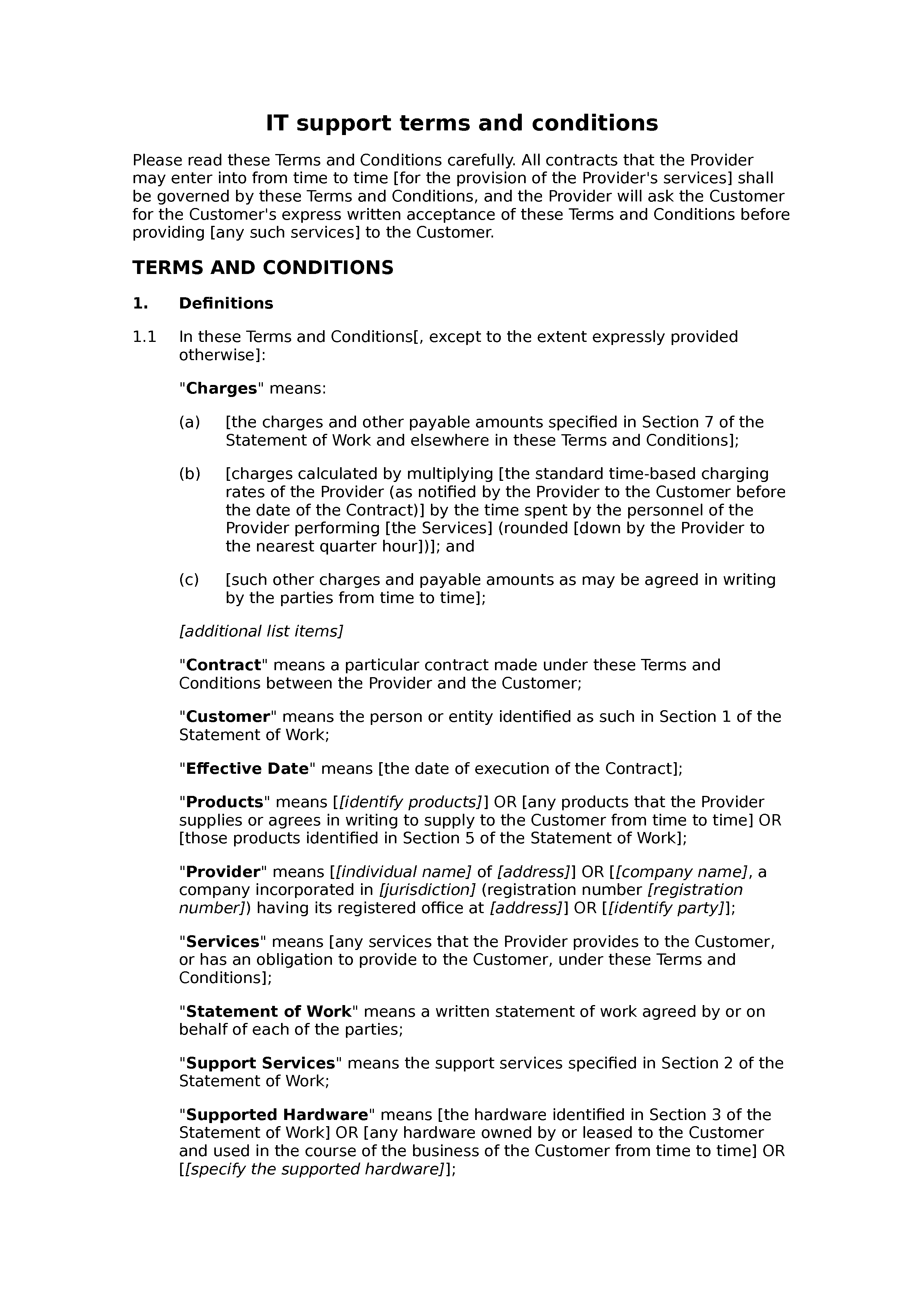 IT support terms and conditions (B2C) document preview