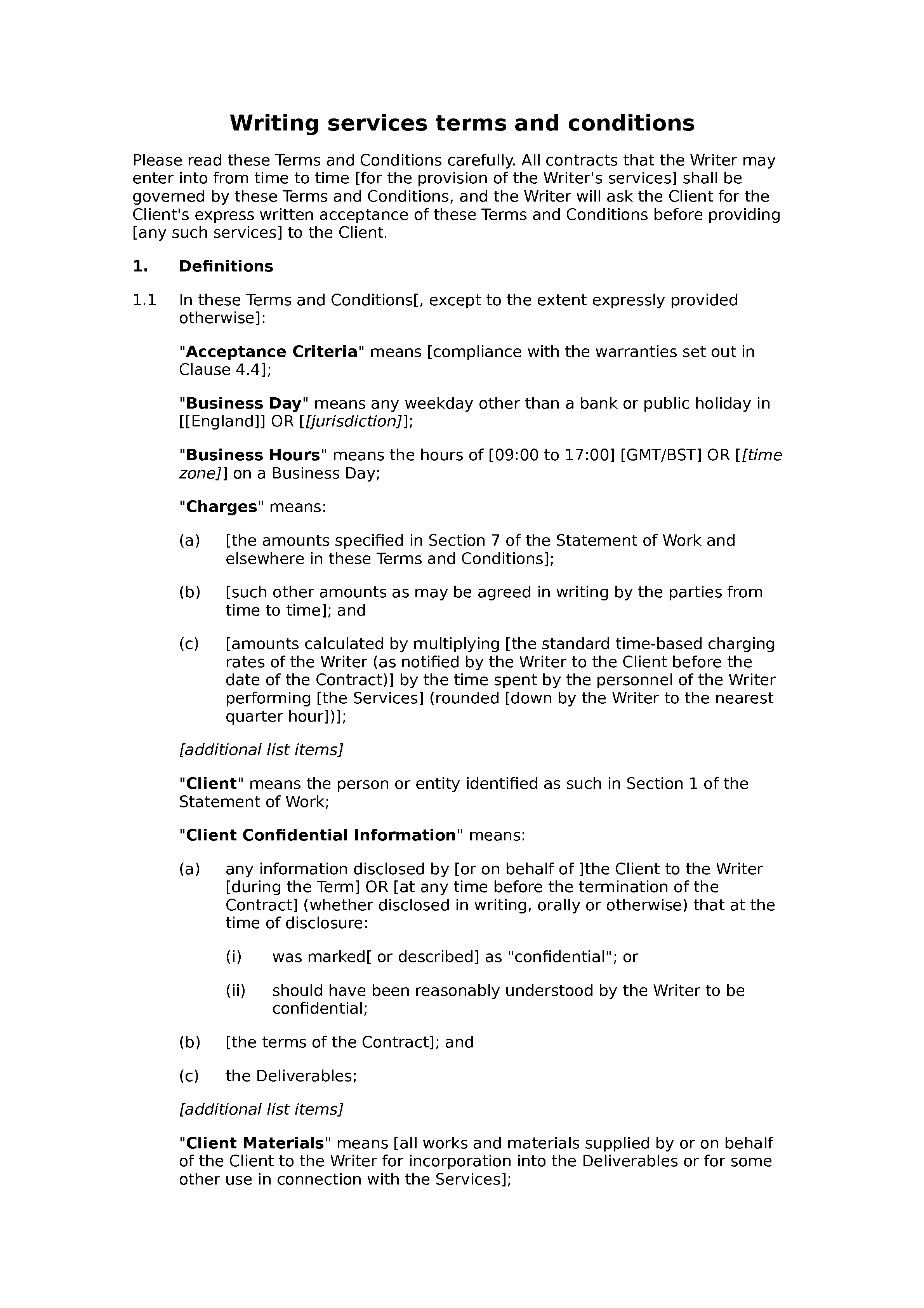 Writing services terms and conditions document preview