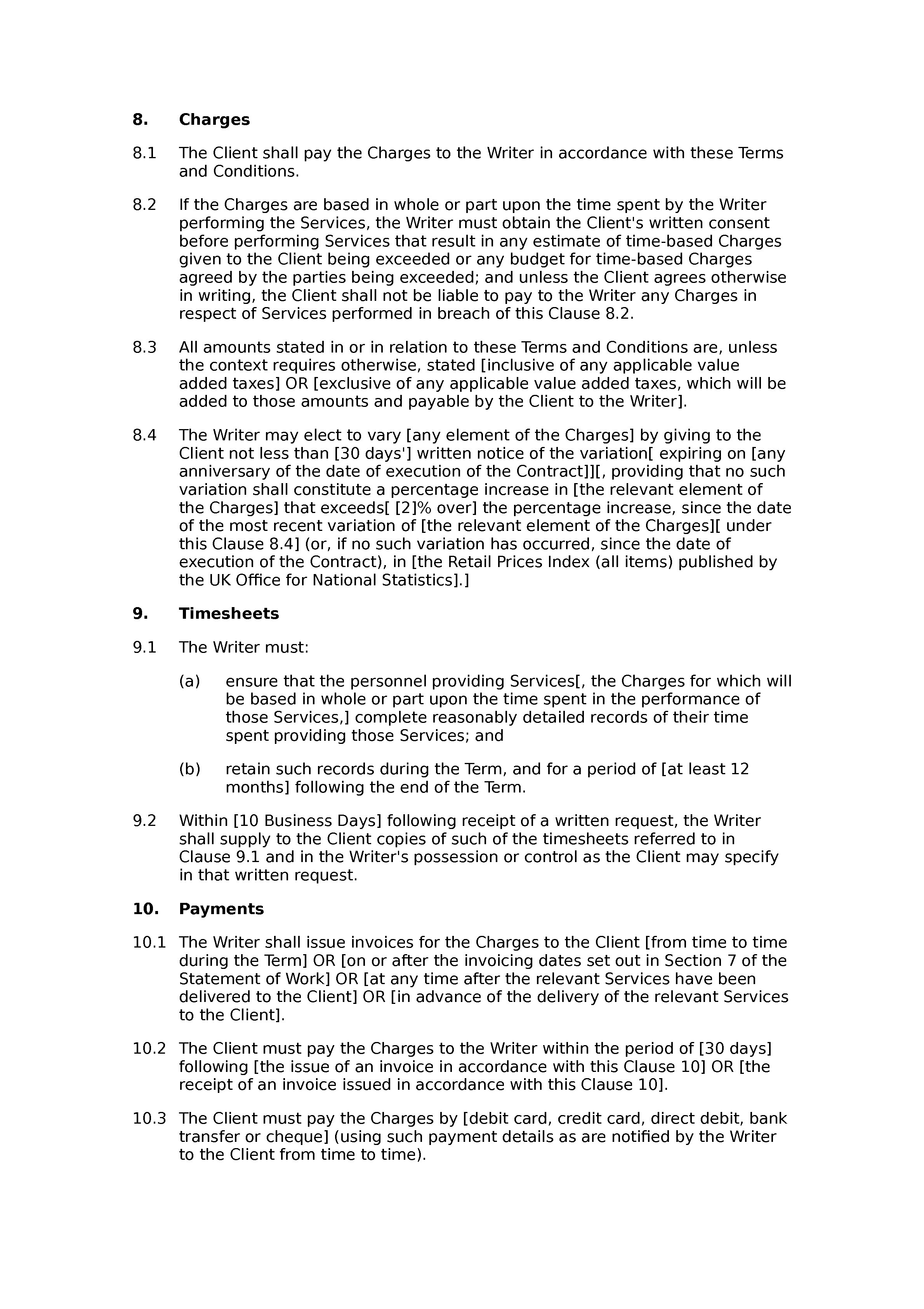 Writing services terms and conditions document preview