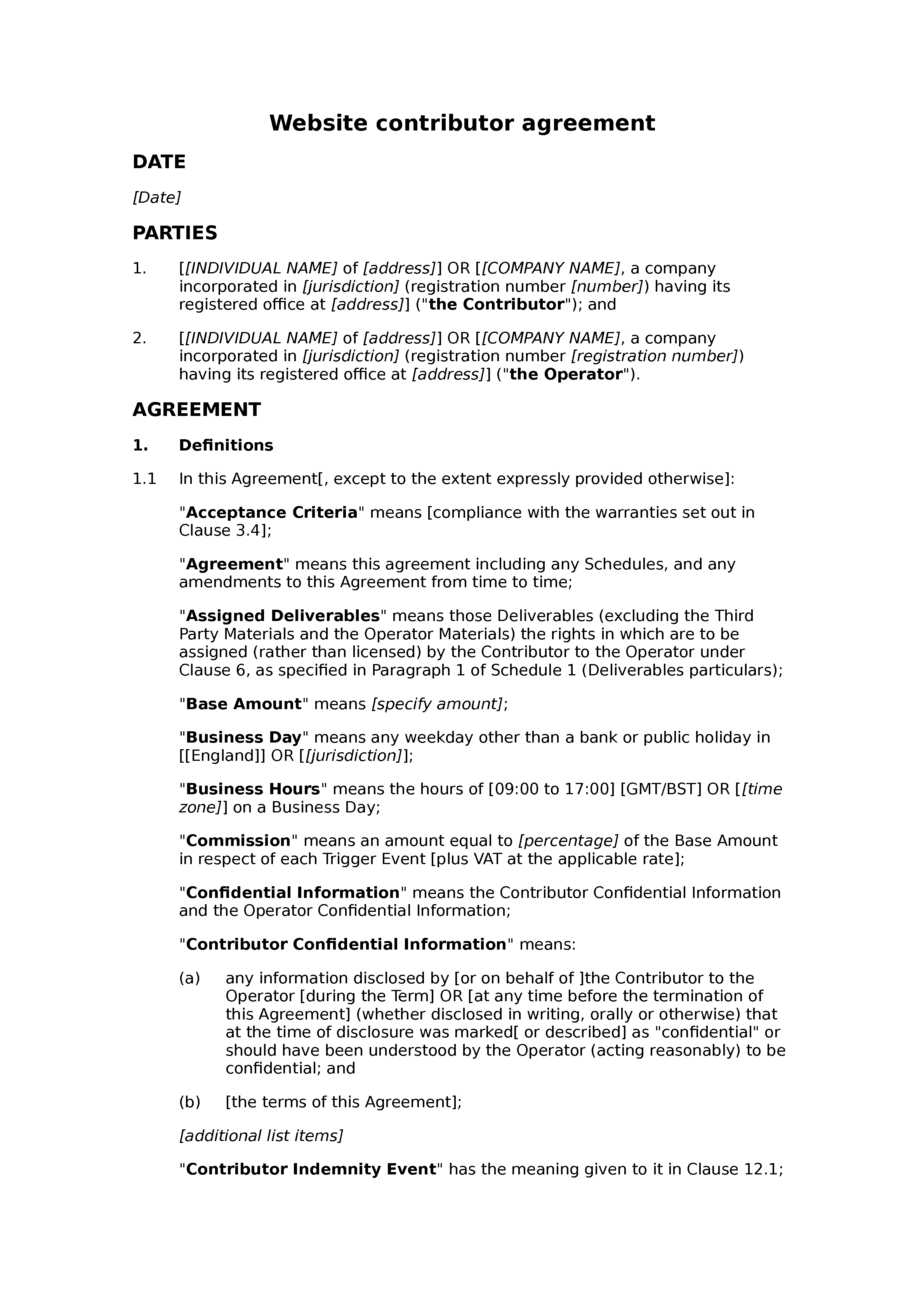 Website contributor agreement (commission) document preview