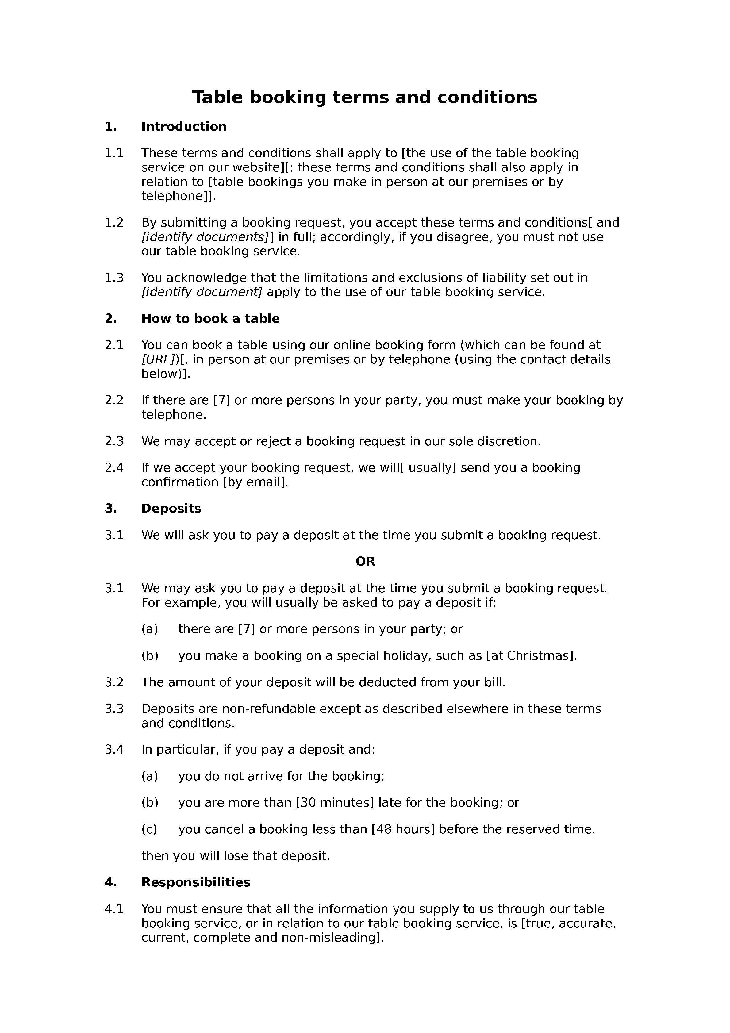 Table booking terms and conditions document preview