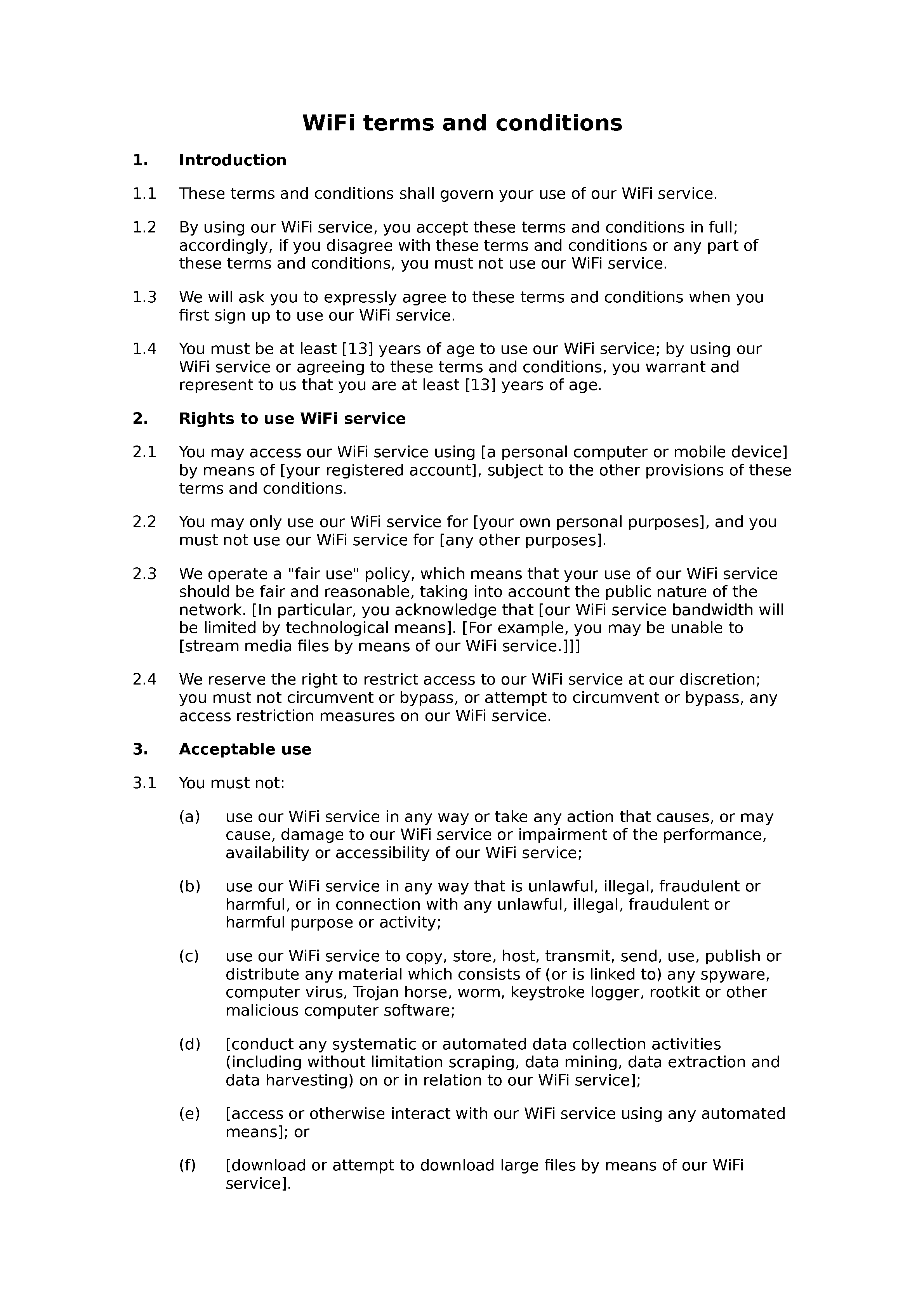 WiFi terms and conditions document preview