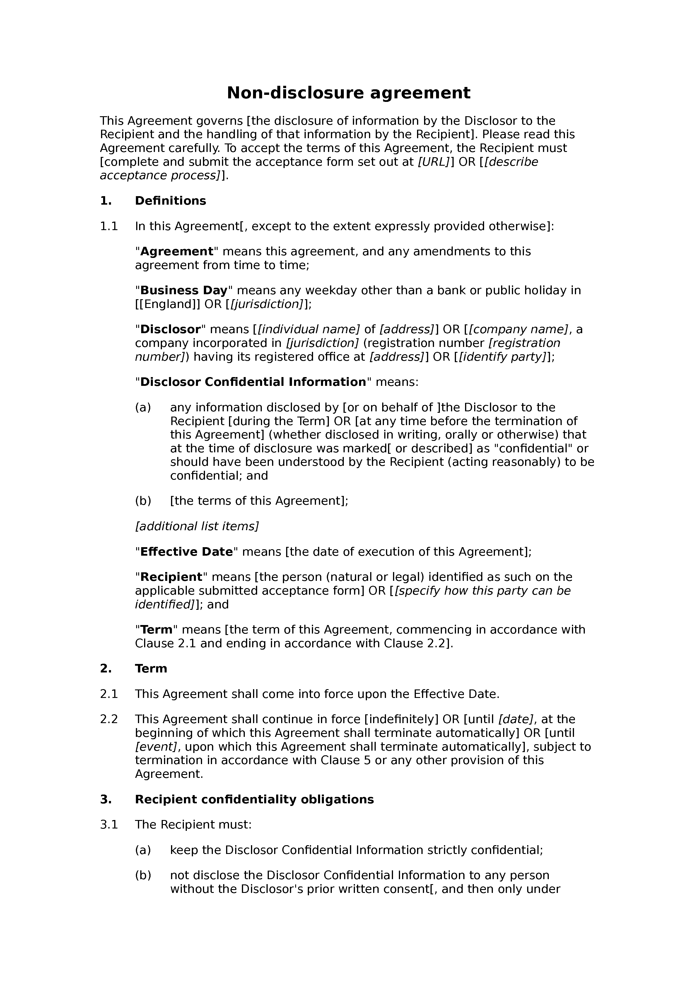 Online non-disclosure agreement (unilateral) document preview