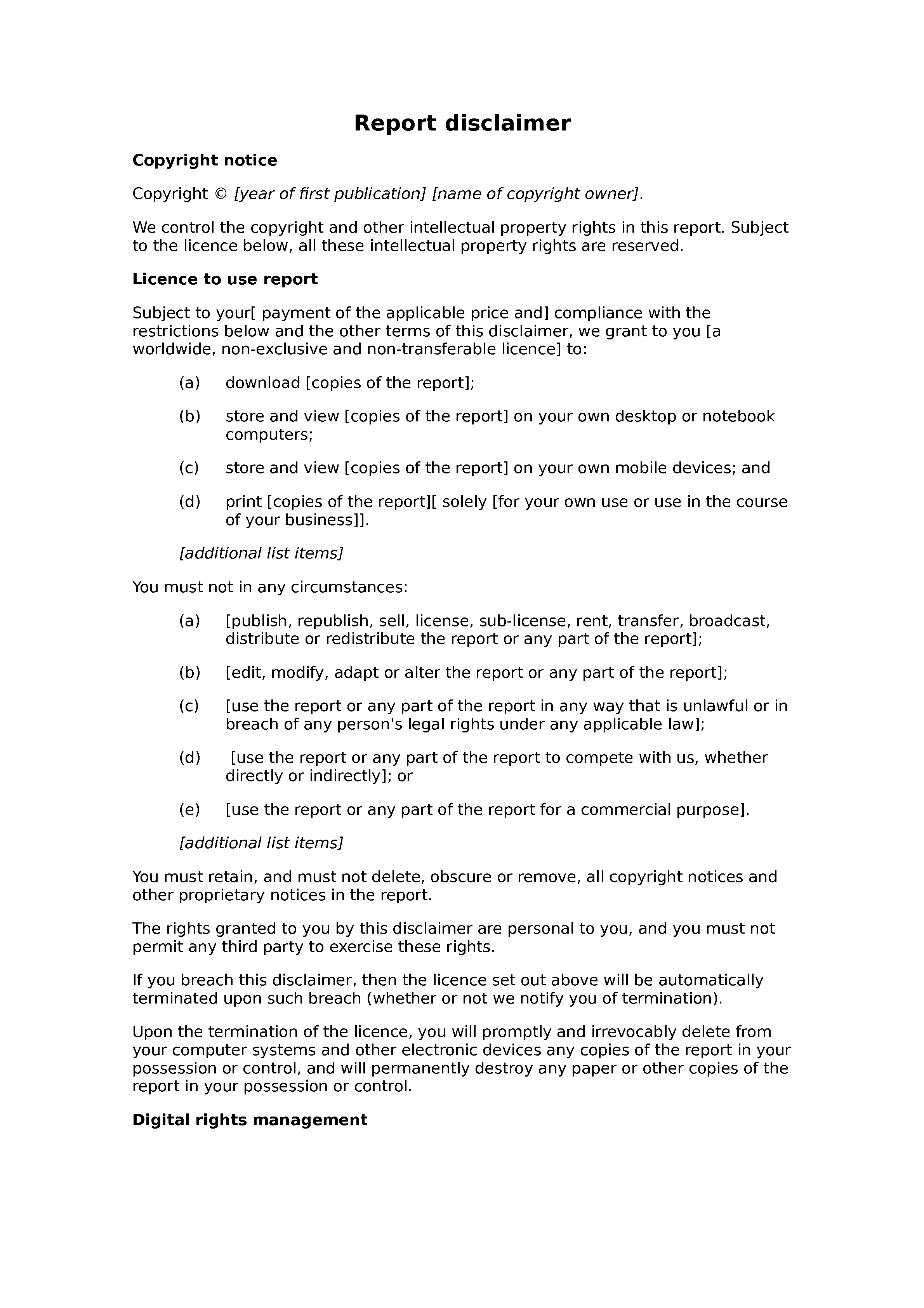 Report disclaimer document preview