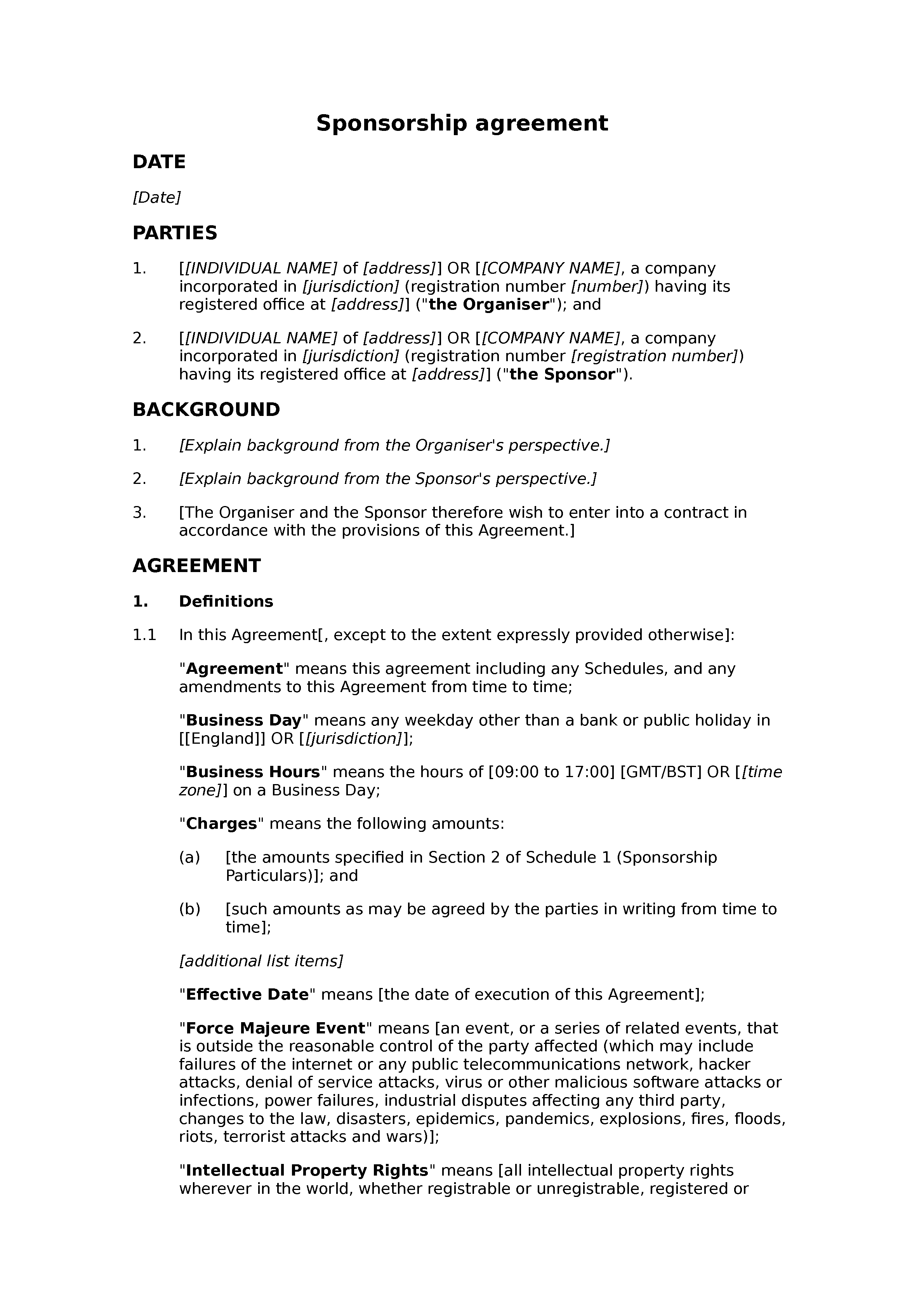 Free sponsorship agreement document preview