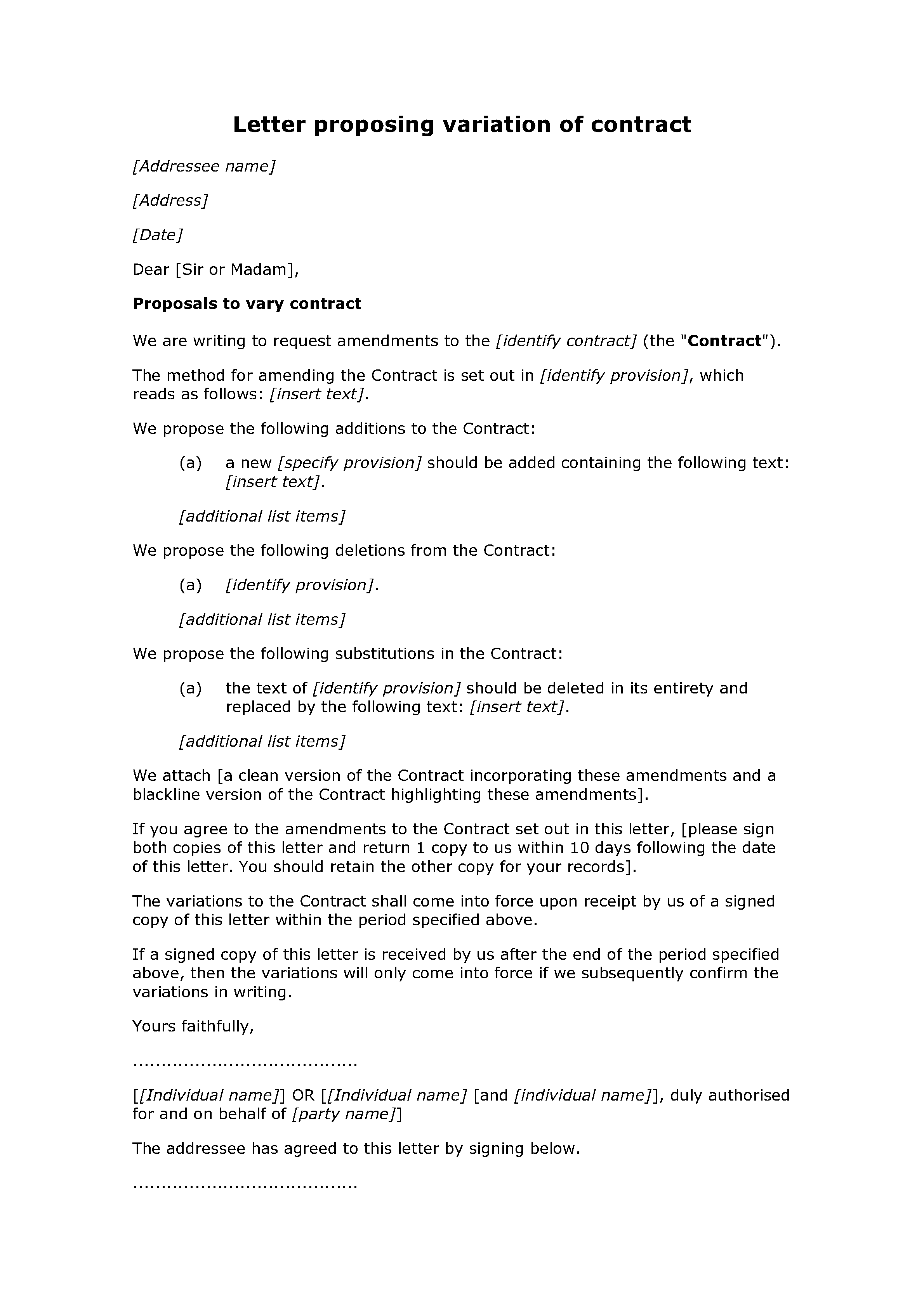 Letter proposing variation of contract - Docular