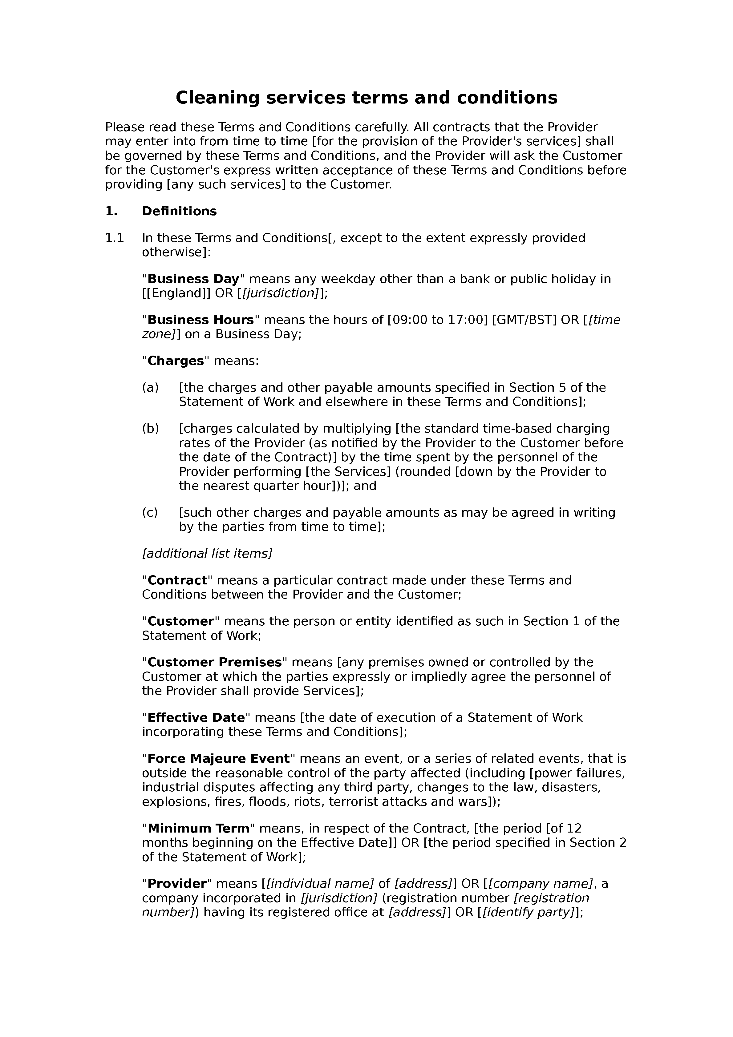 Domestic cleaning terms and conditions document preview