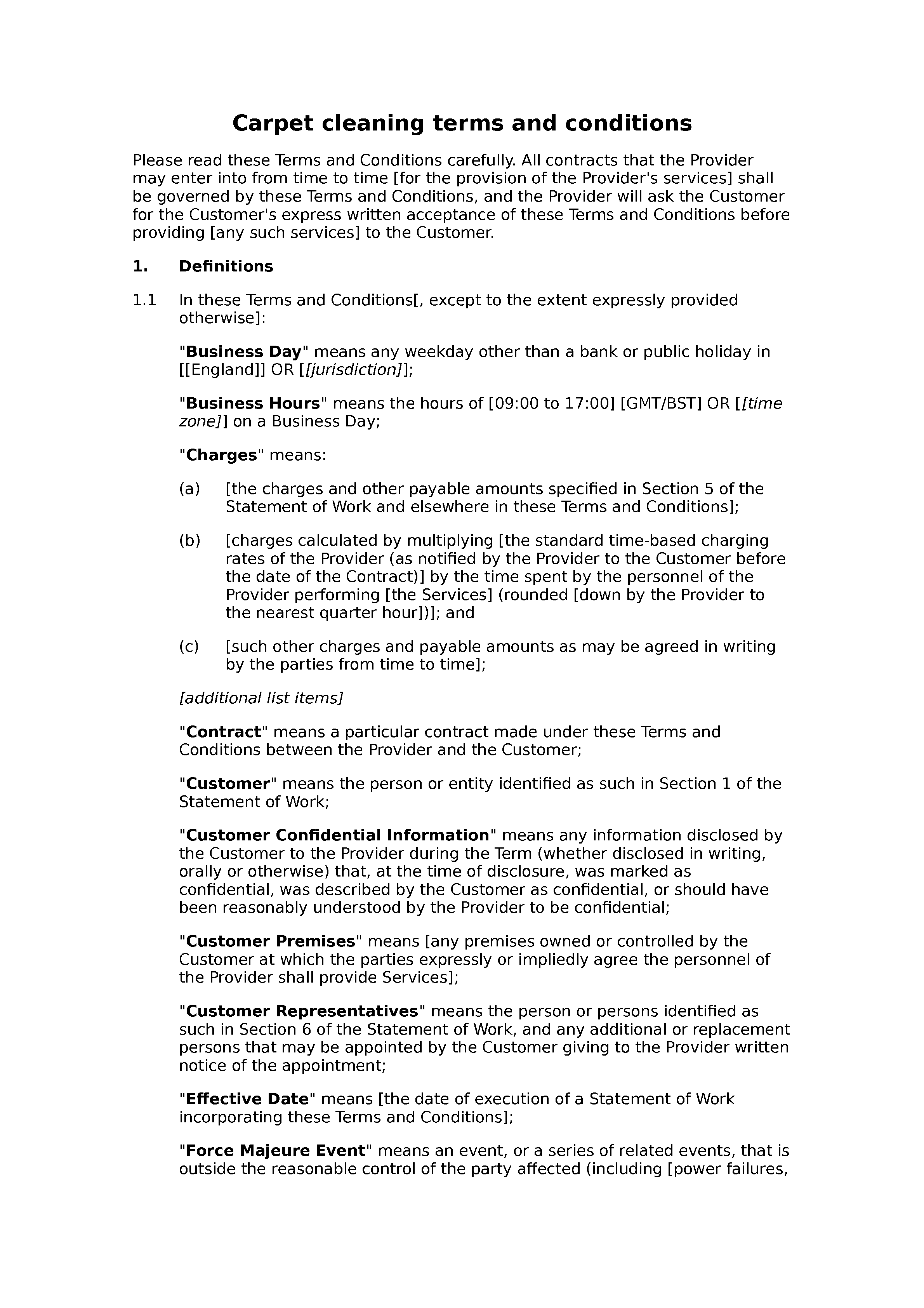 Carpet cleaning terms and conditions document preview