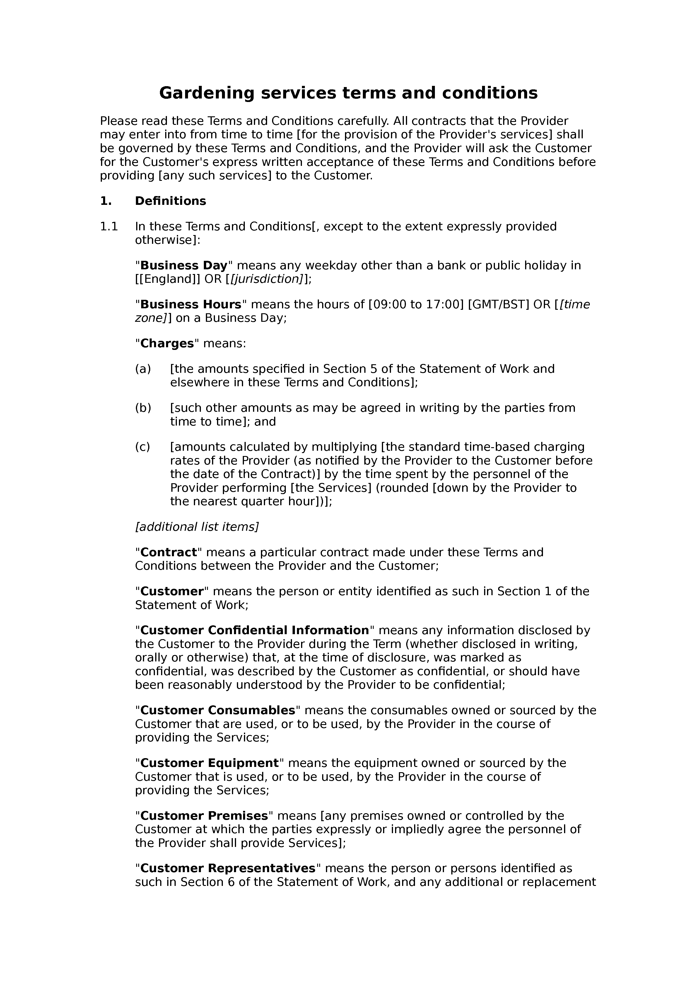 Gardening services terms and conditions document preview