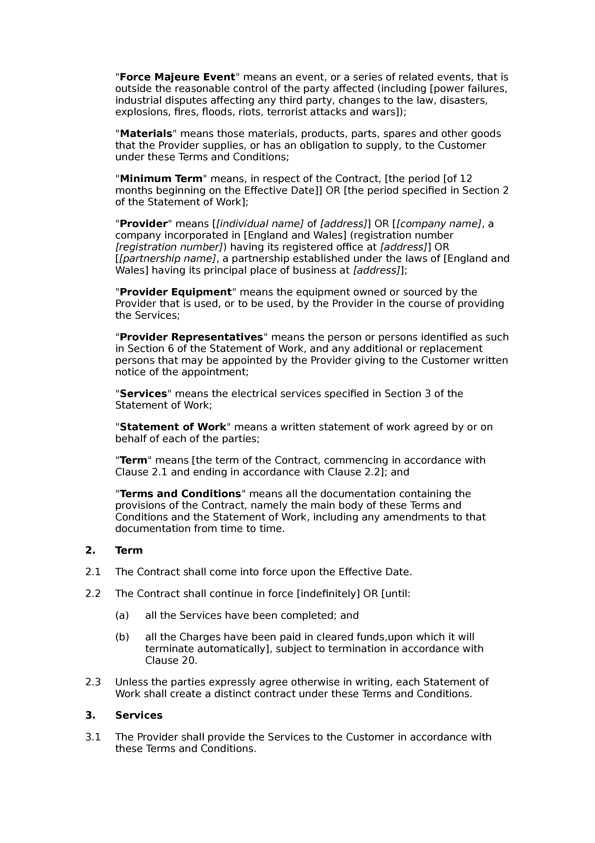 Electrical services terms and conditions document preview