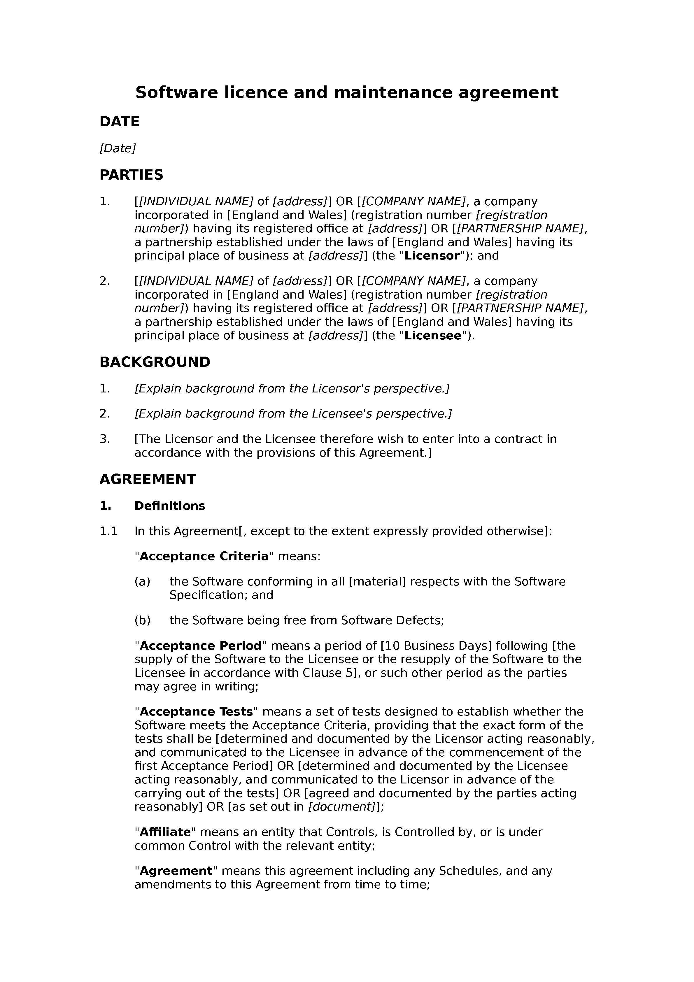 Software licence and maintenance agreement (standard) document preview