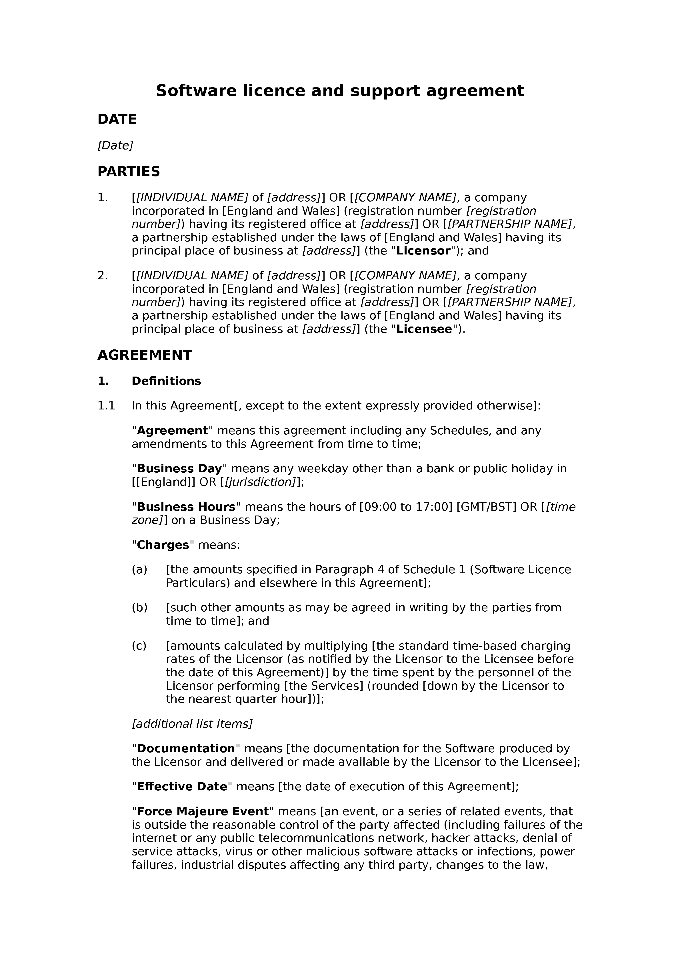 Software licence and support agreement (basic) document preview