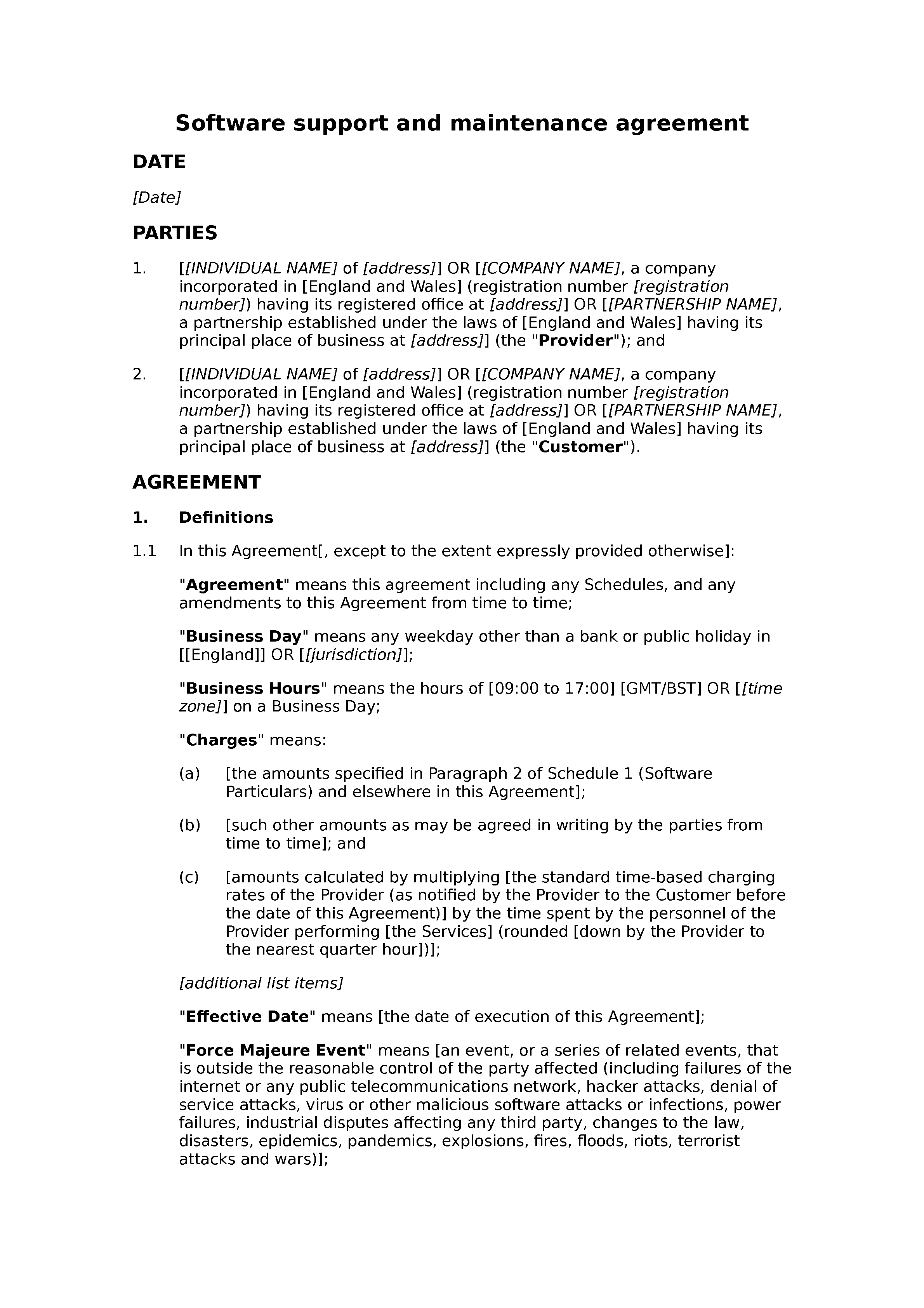 Software support and maintenance agreement (basic) document preview