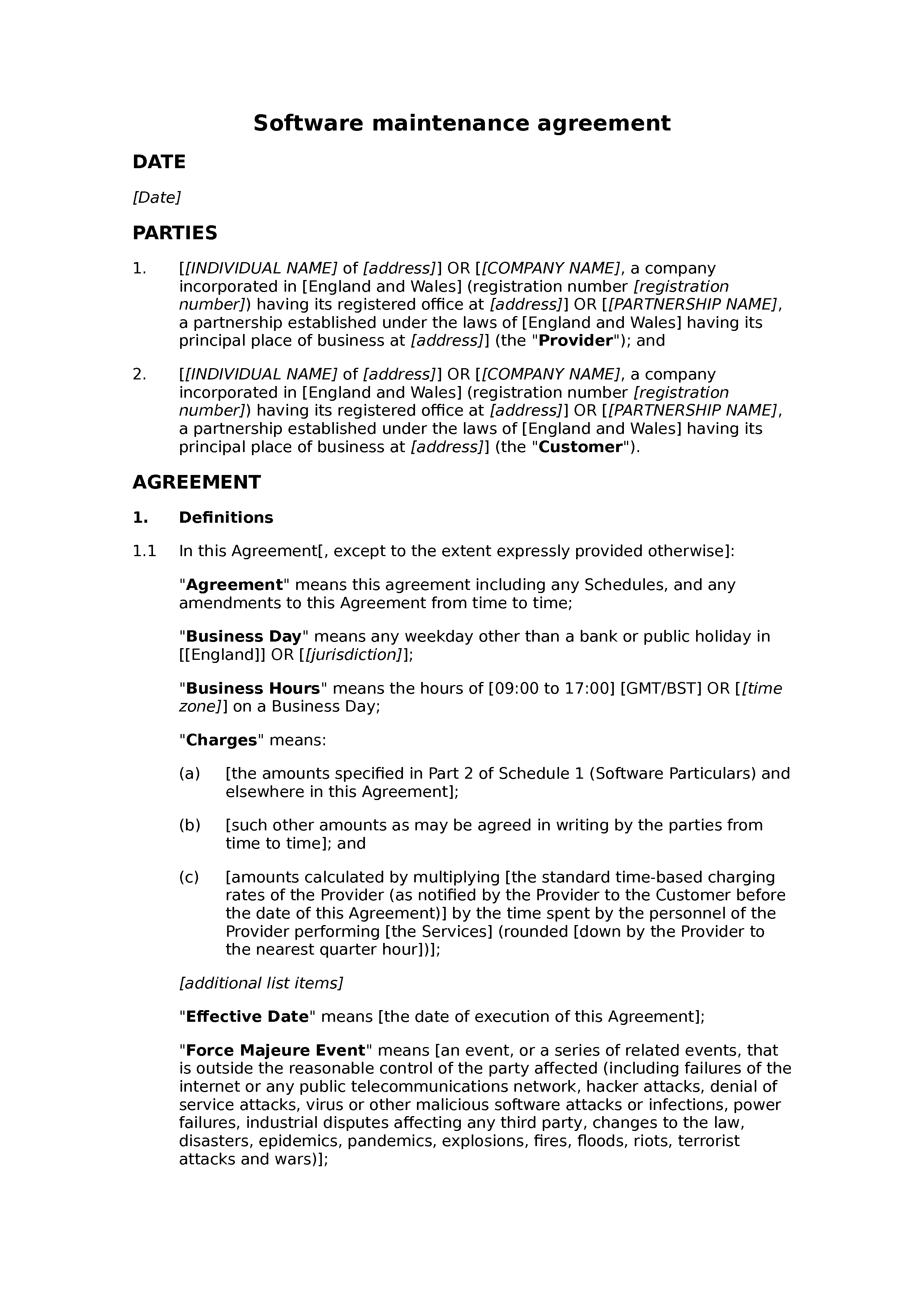 Software maintenance agreement (basic) document preview