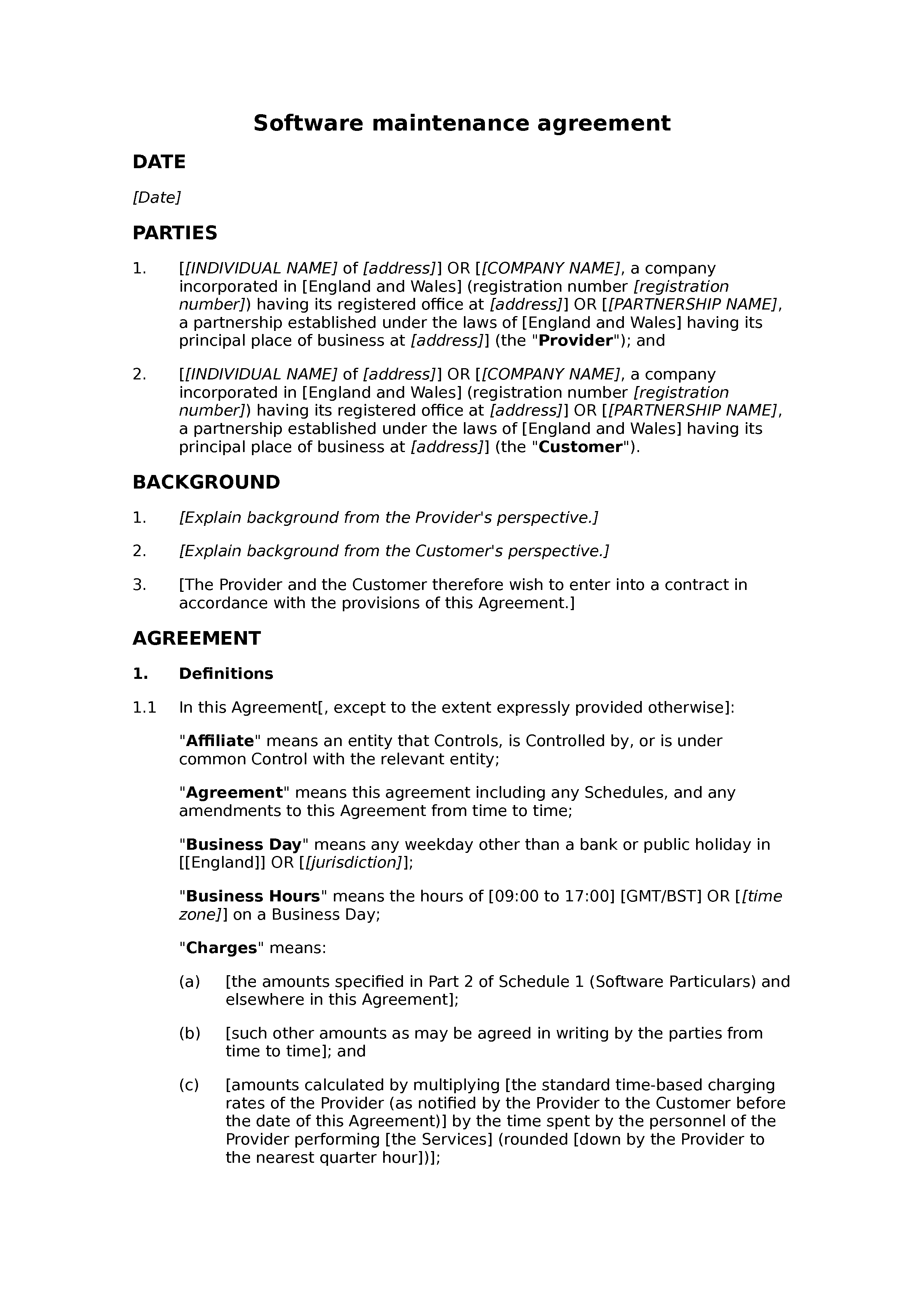 Software maintenance agreement (standard) document preview