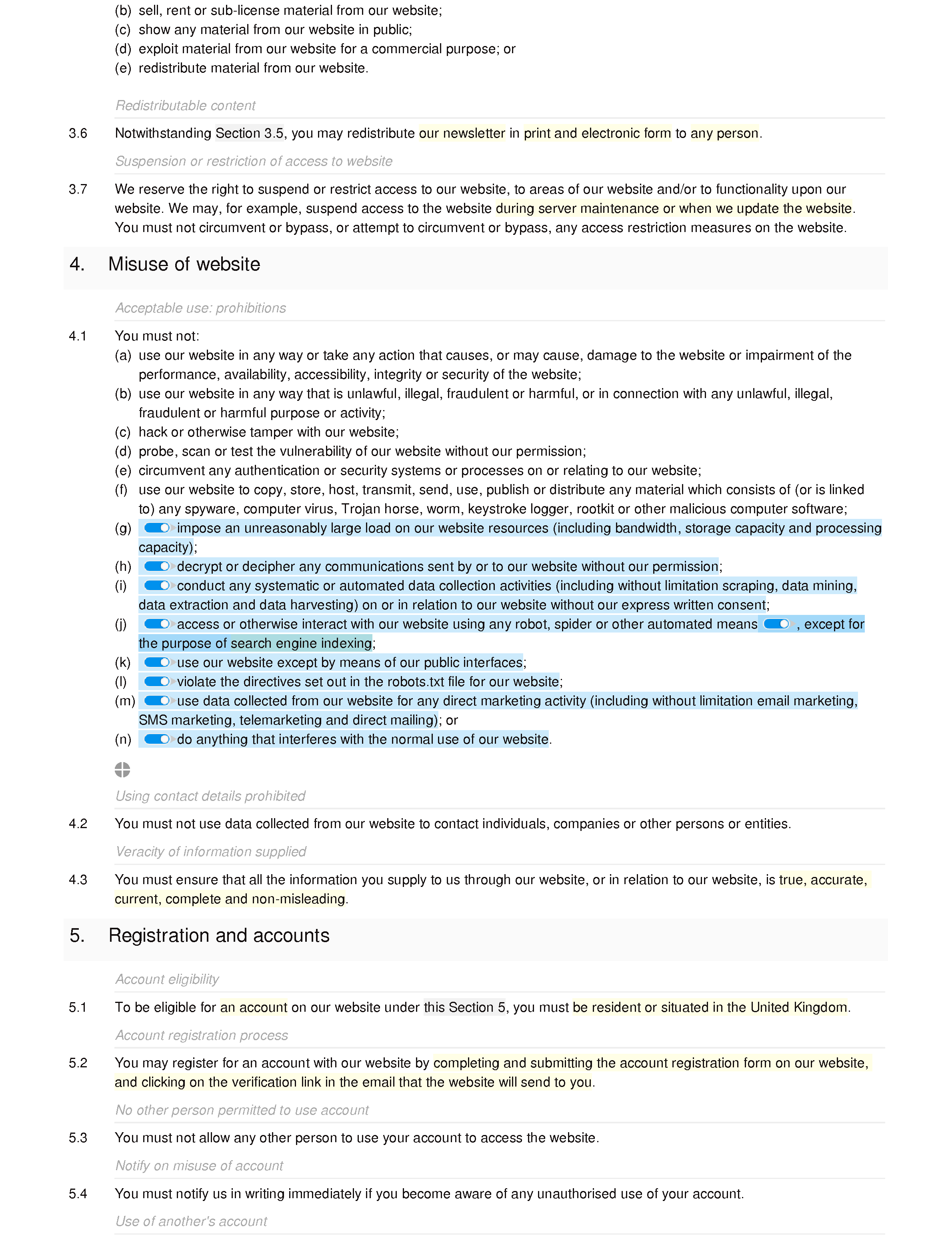 Website terms and conditions (standard) document editor preview