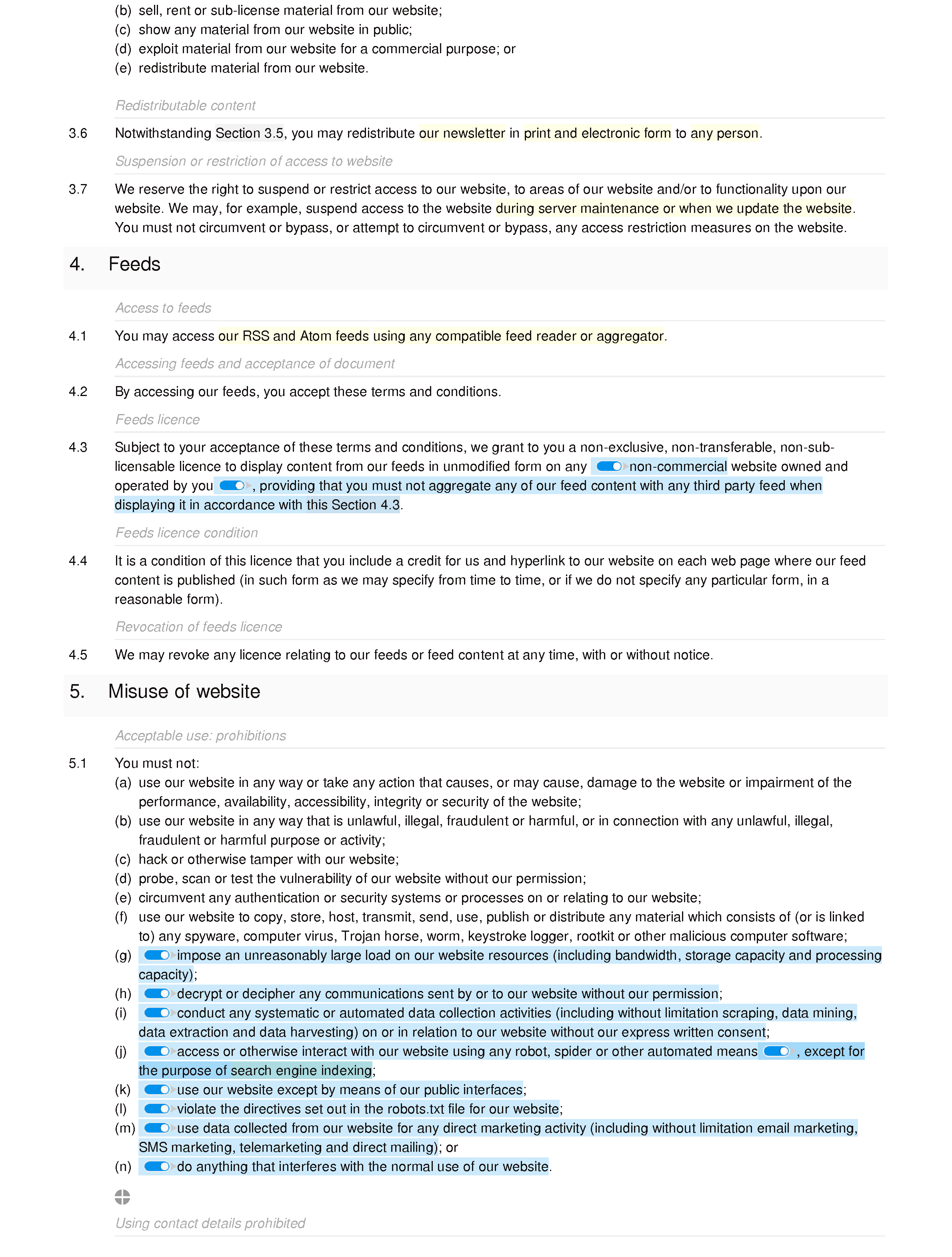 Social and affiliate website terms and conditions document editor preview